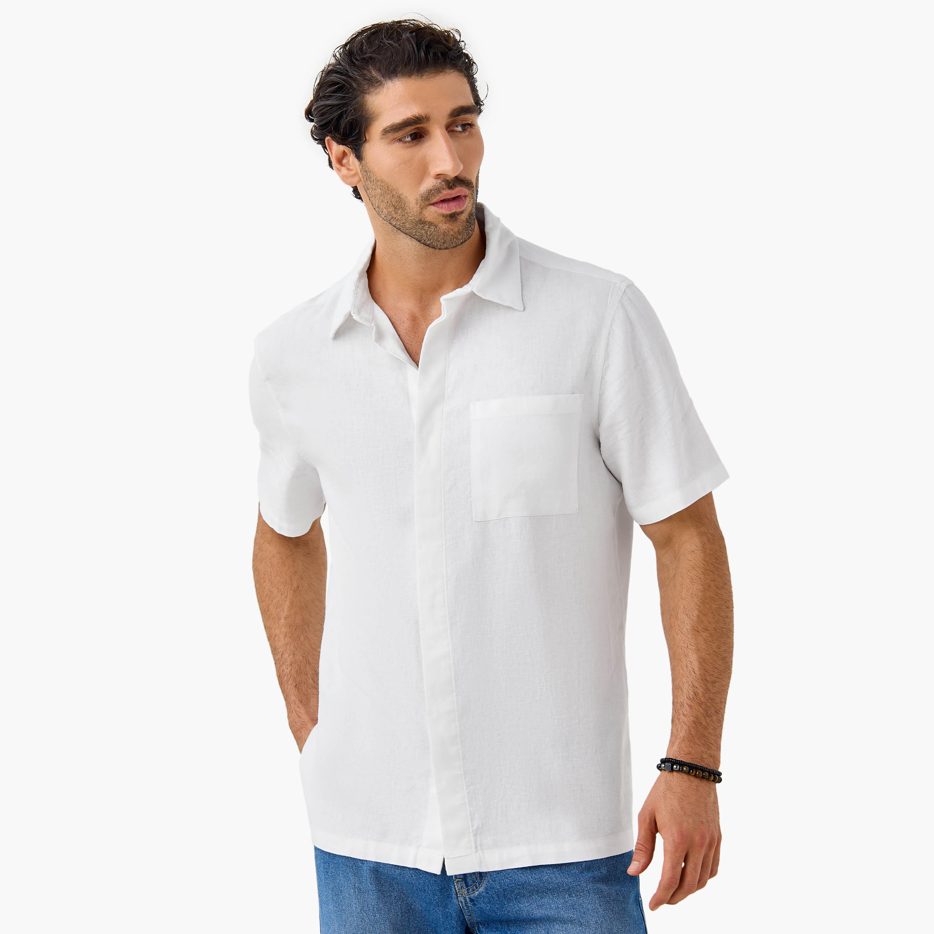 Regular Fit Linen Blend Collared Shirt with Chest Pocket-men-clothing-shirts-image-1