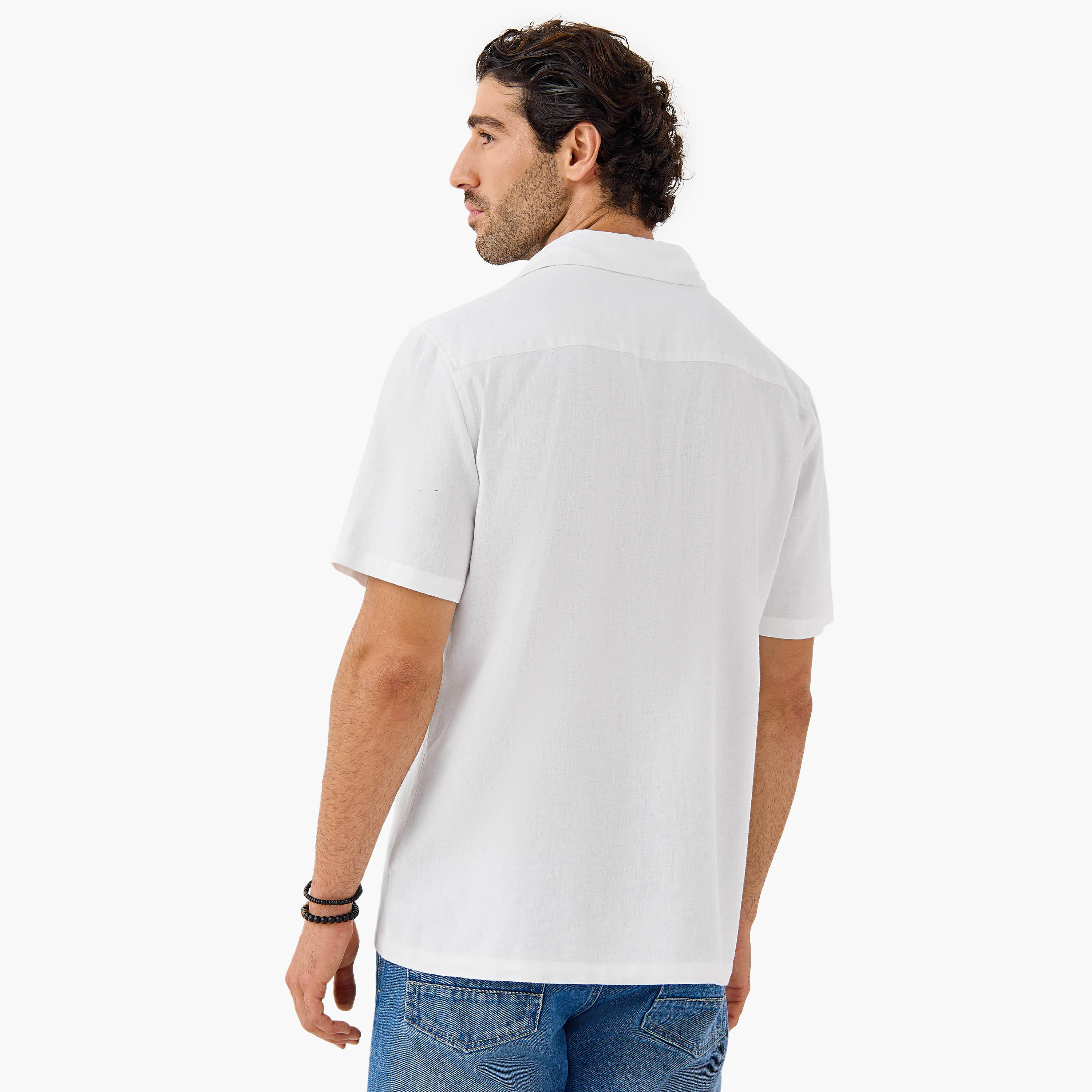Regular Fit Linen Blend Collared Shirt with Chest Pocket-men-clothing-shirts-image-3