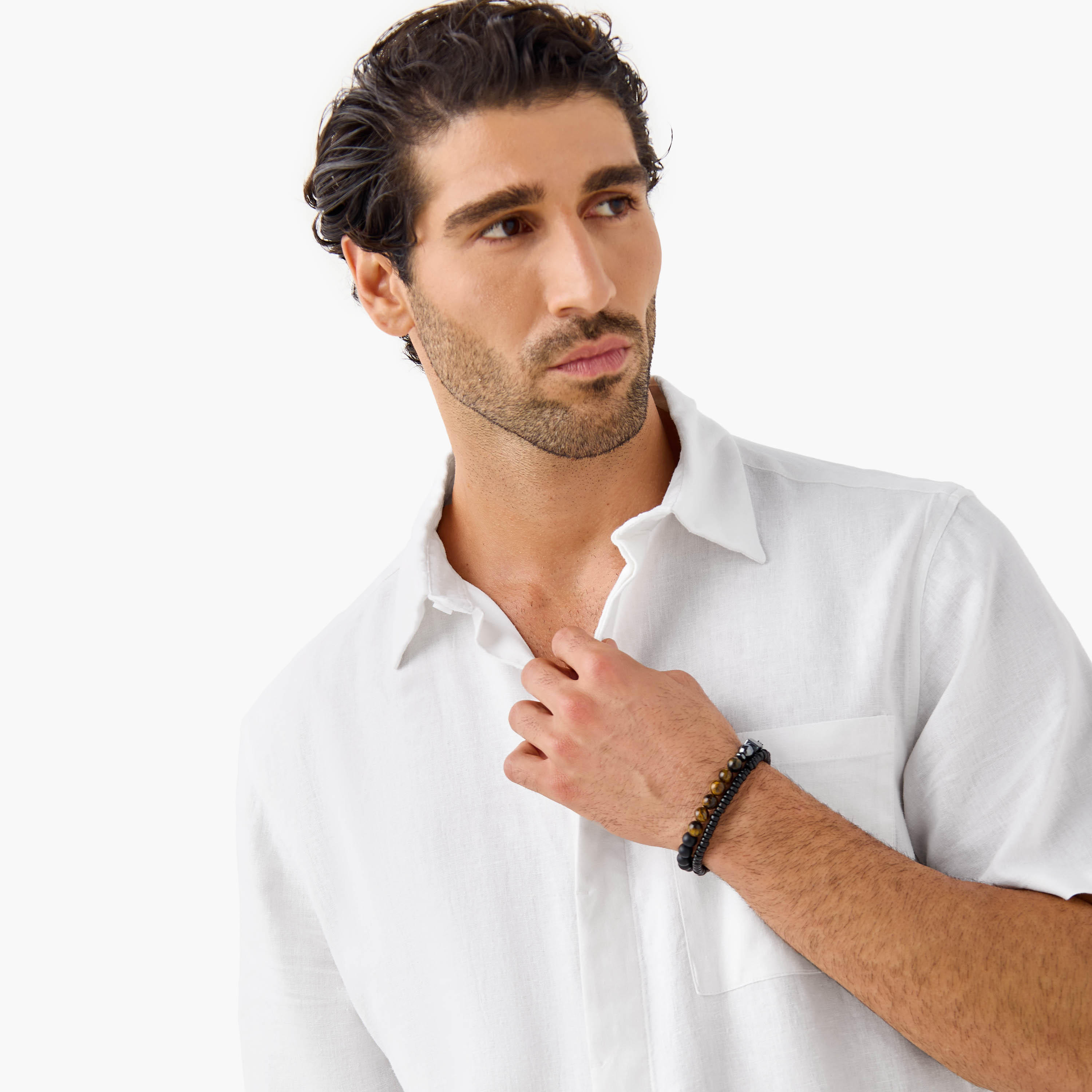 Regular Fit Linen Blend Collared Shirt with Chest Pocket-men-clothing-shirts-image-4