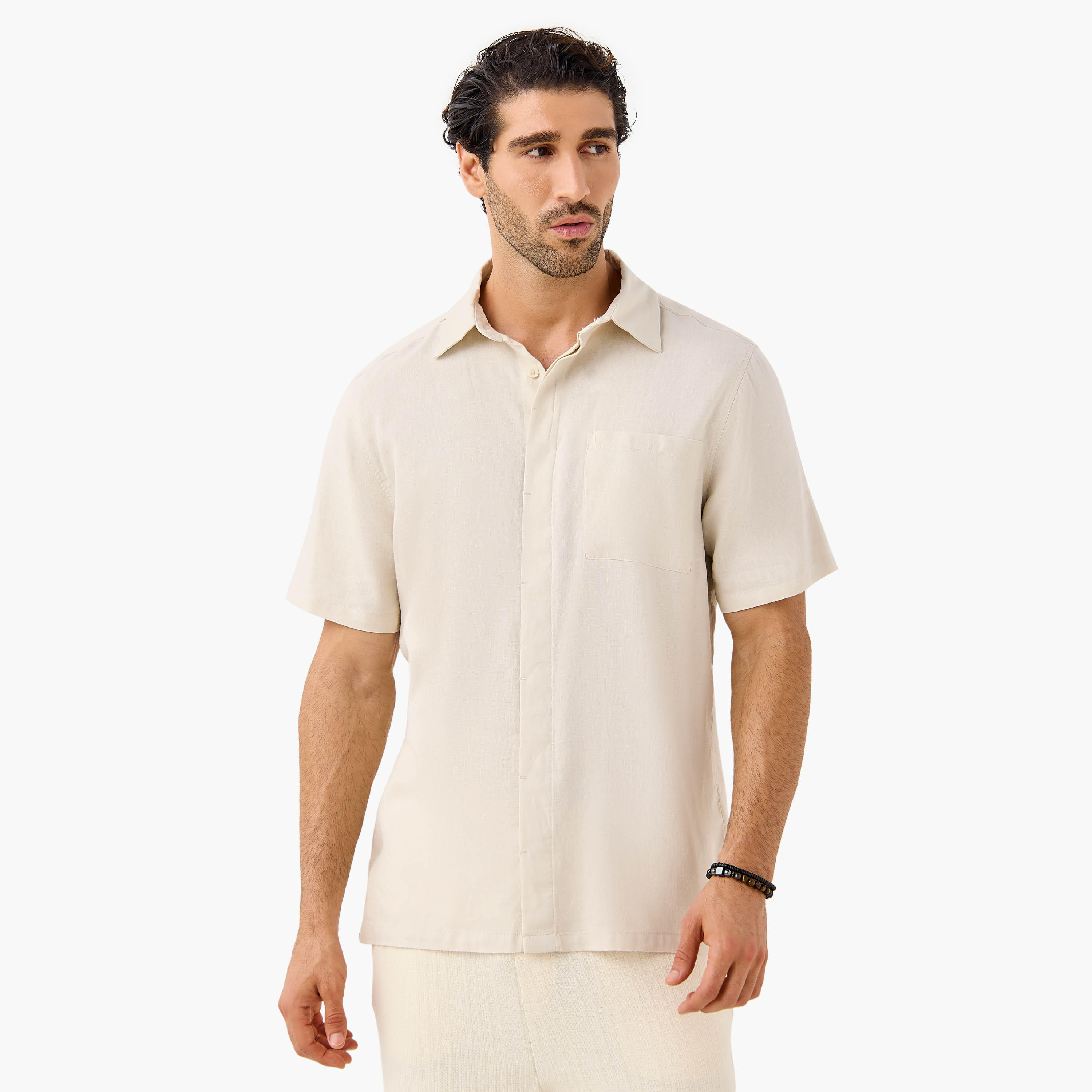 Regular Fit Linen Blend Collared Shirt with Chest Pocket-men-clothing-shirts-image-1
