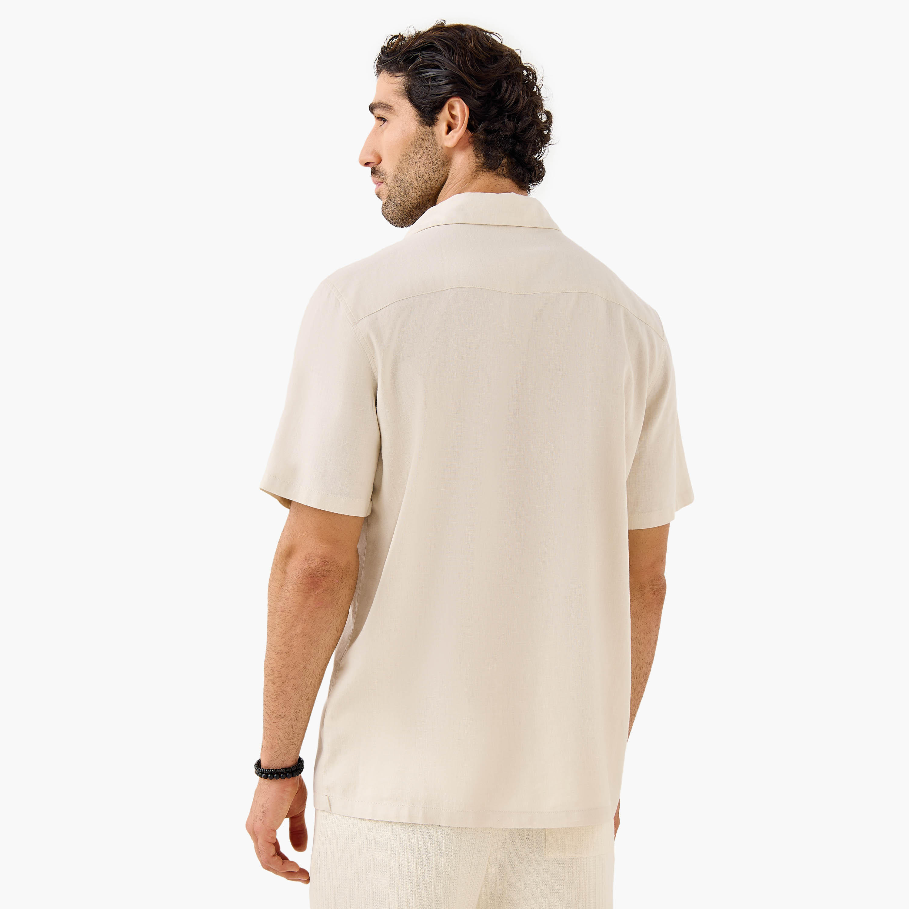 Regular Fit Linen Blend Collared Shirt with Chest Pocket-men-clothing-shirts-image-3