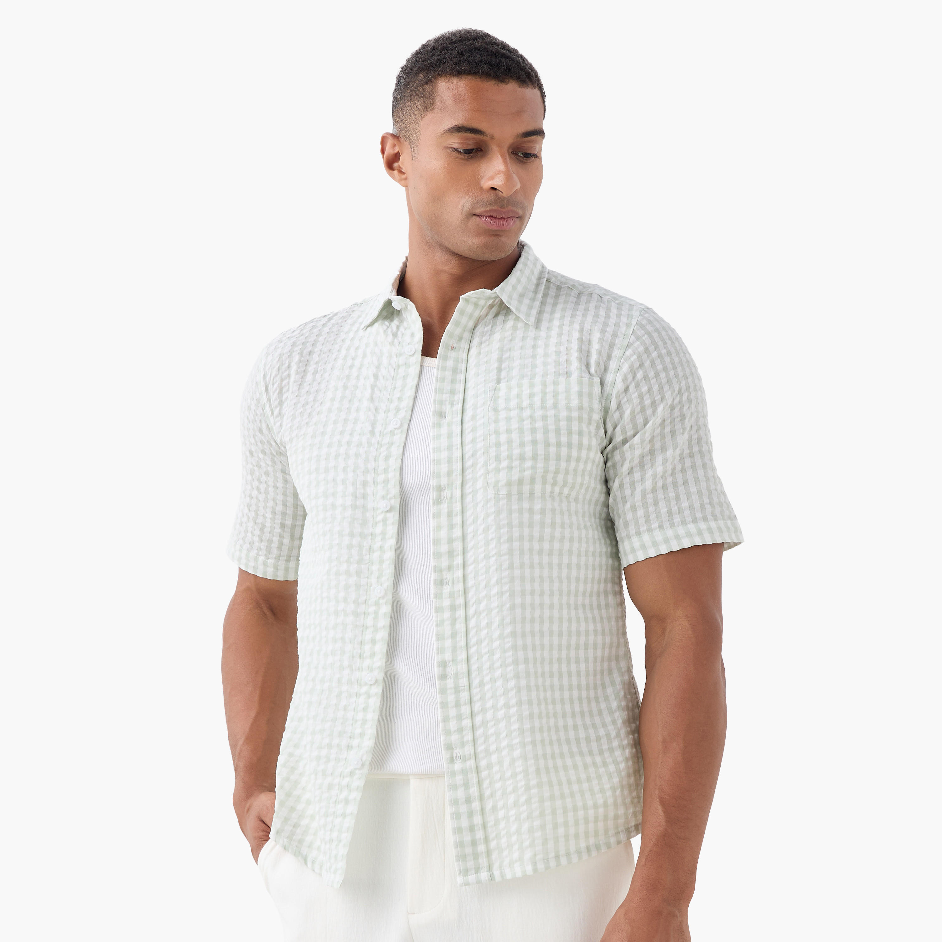 Regular Fit Checked Seersucker Shirt with Collar-men-clothing-shirts-image-1