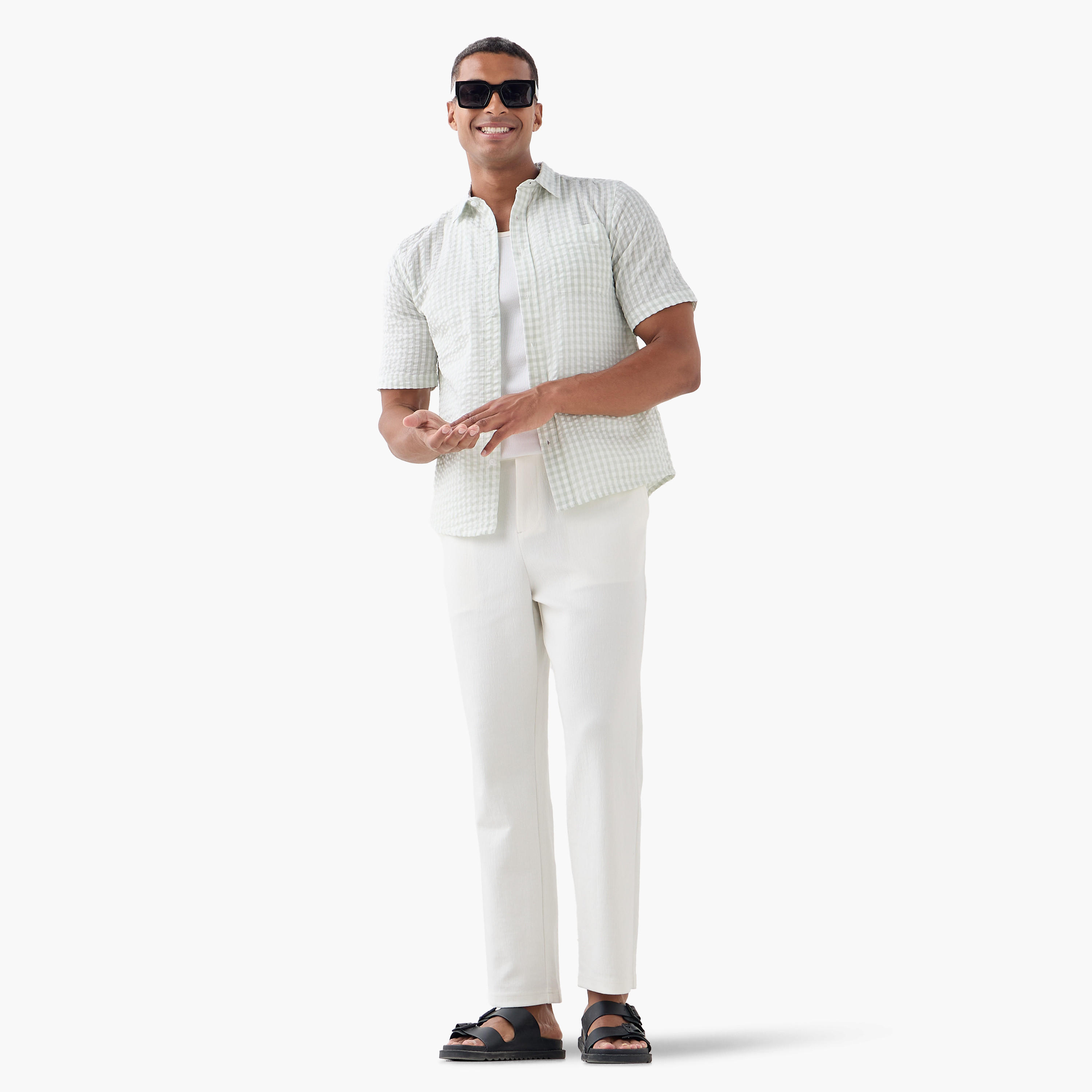 Regular Fit Checked Seersucker Shirt with Collar-men-clothing-shirts-image-2