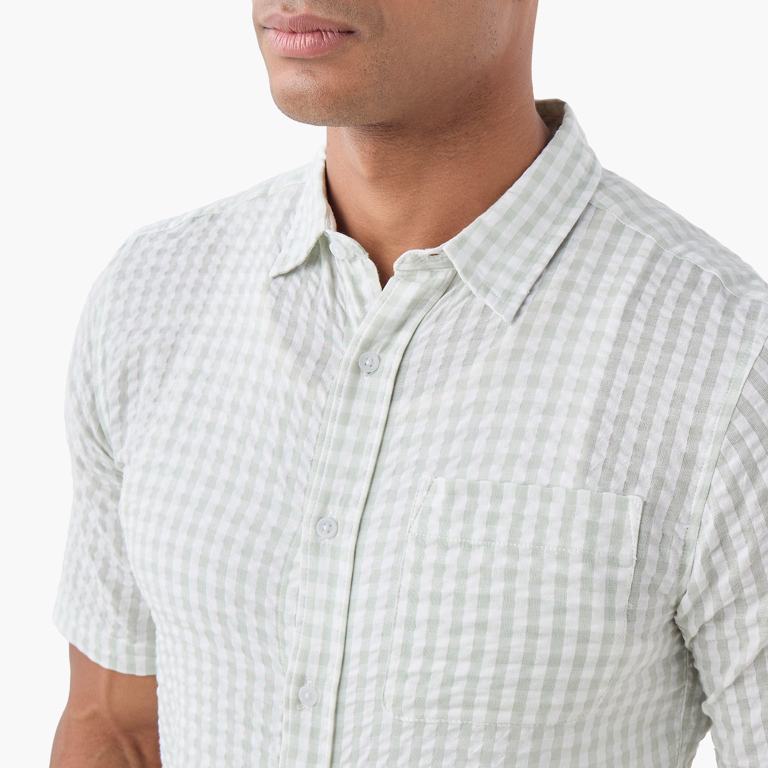 Regular Fit Checked Seersucker Shirt with Collar-men-clothing-shirts-image-4