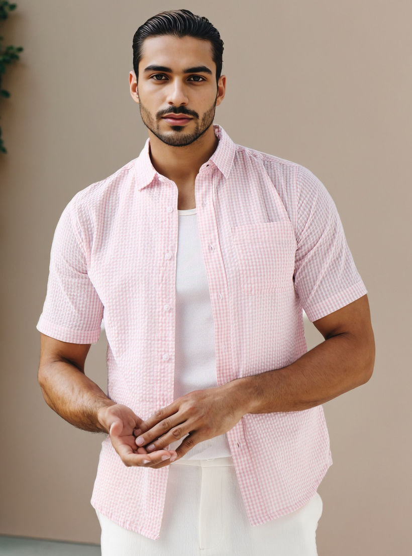 Regular Fit Checked Seersucker Shirt with Collar-men-clothing-shirts-image-1