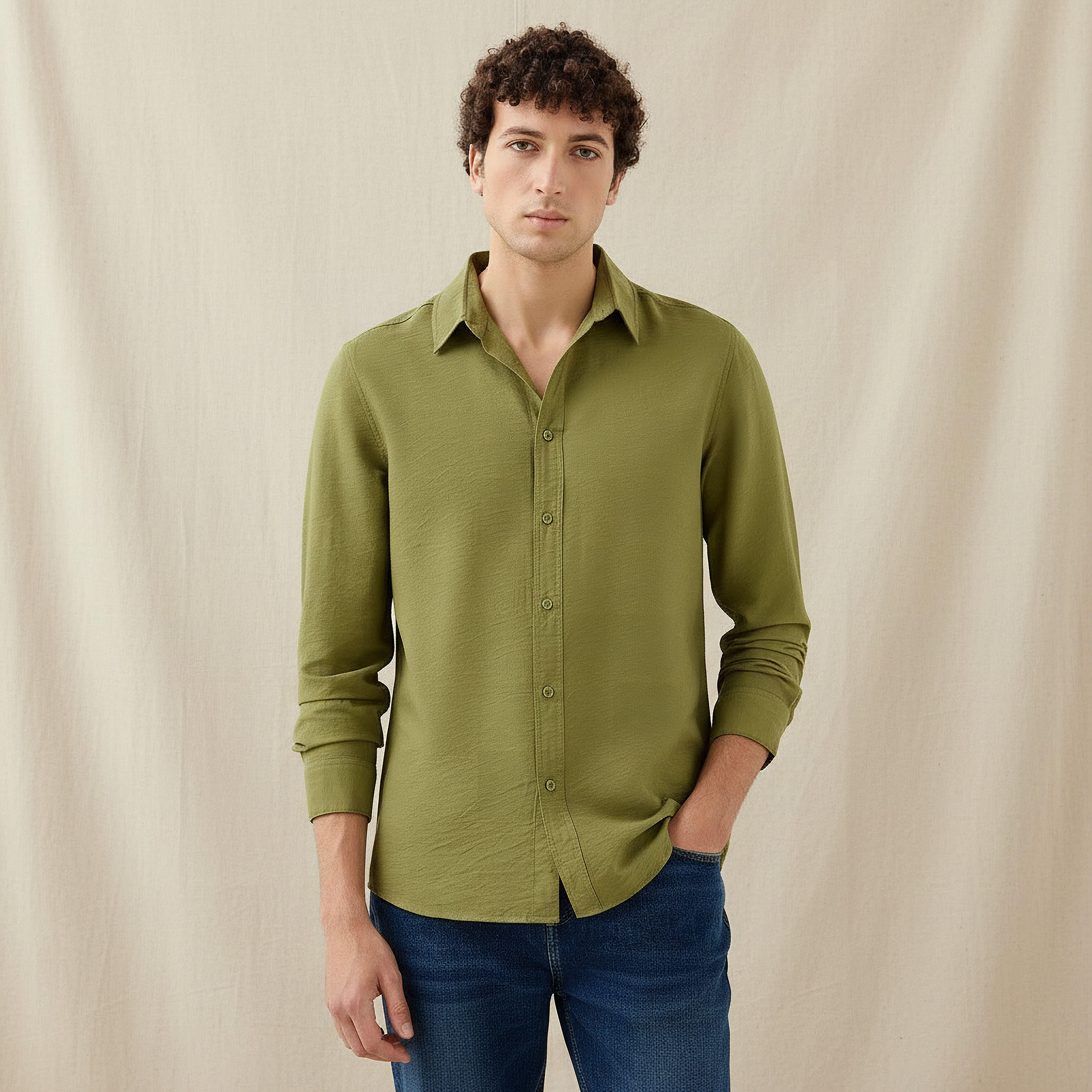 Men Regular Fit Collared Crinkle Texture Long Sleeves Shirt-men-clothing-shirts-image-1