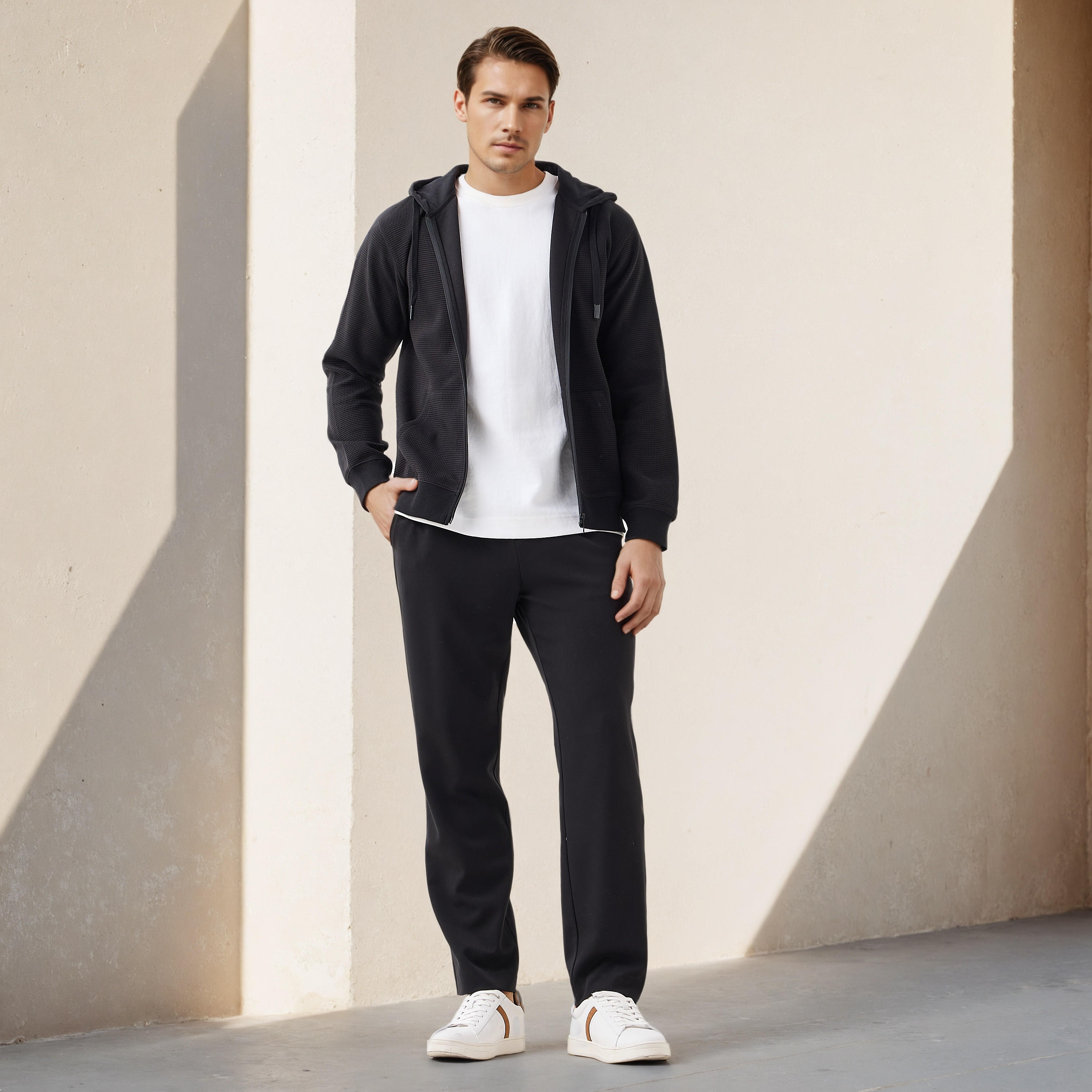 هودي مزيج قطني بقصة عادية بارز الملمس على شكل وافل للرجال-men-winterwear-hoodiesandsweatshirts-image-2
