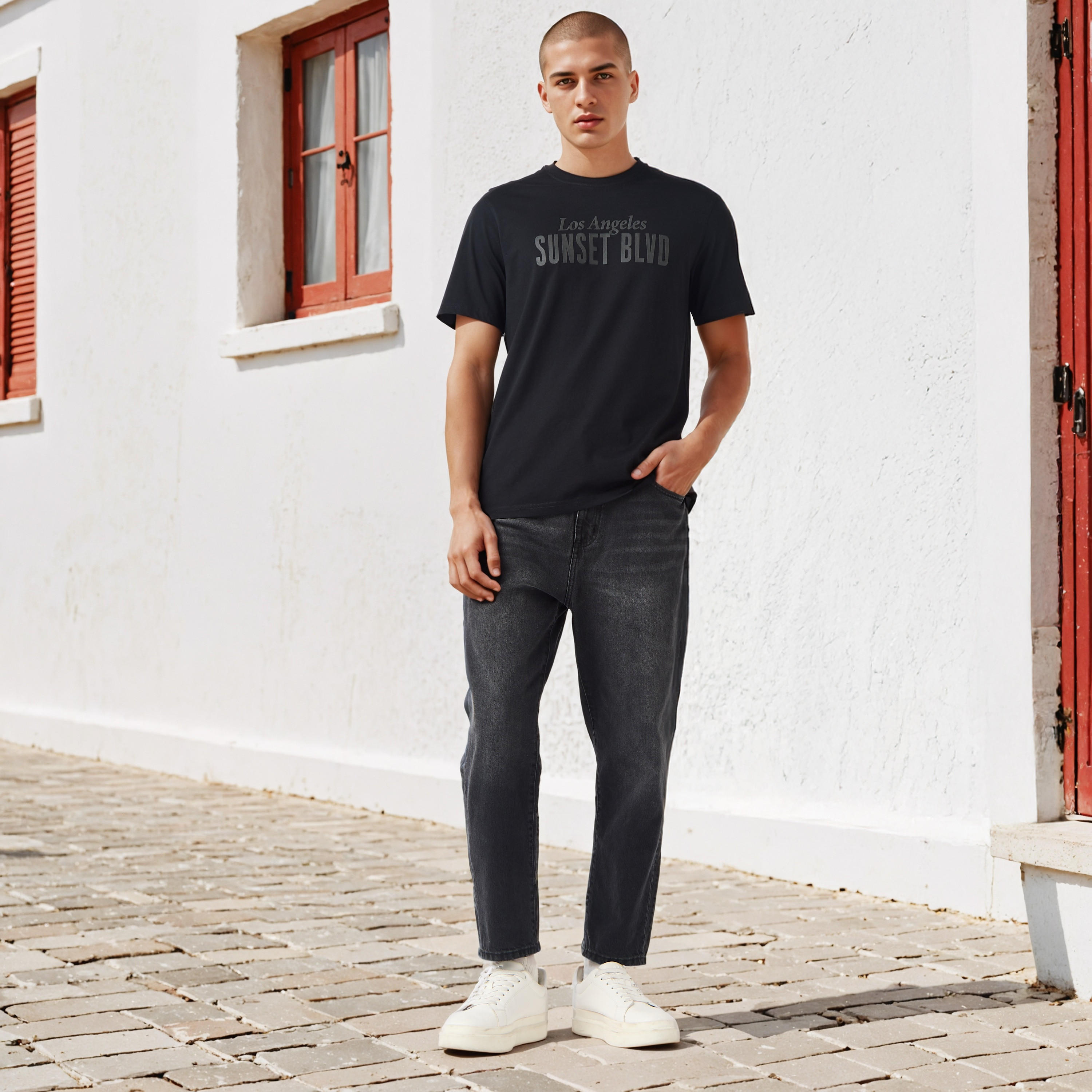 تيشيرت بياقة ضيقة وطبعات تايبوجرافيك-men-clothing-tshirtsandpolos-tshirts-image-4