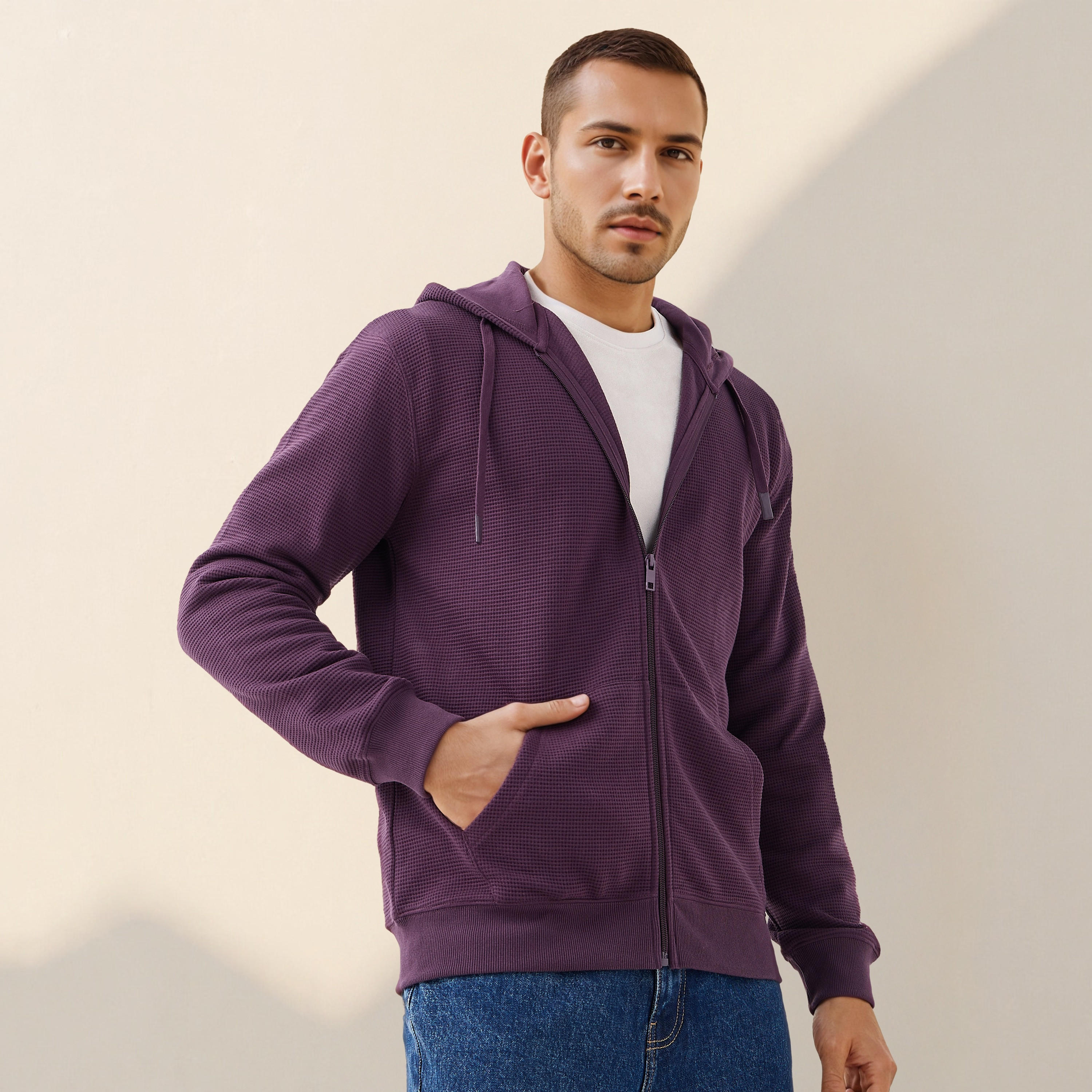 هودي مزيج قطني بقصة عادية بارز الملمس على شكل وافل للرجال-men-winterwear-hoodiesandsweatshirts-image-1
