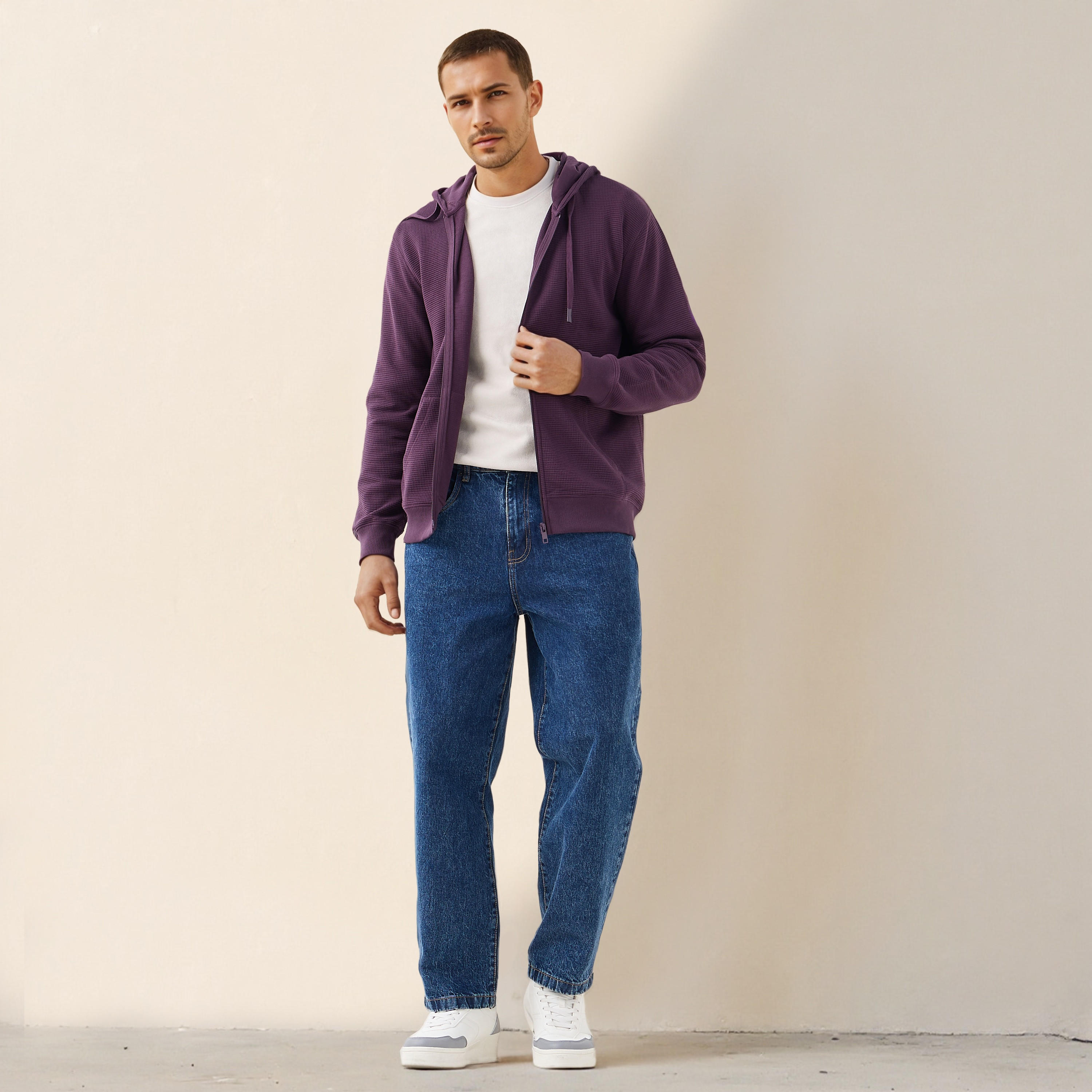 هودي مزيج قطني بقصة عادية بارز الملمس على شكل وافل للرجال-men-winterwear-hoodiesandsweatshirts-image-2