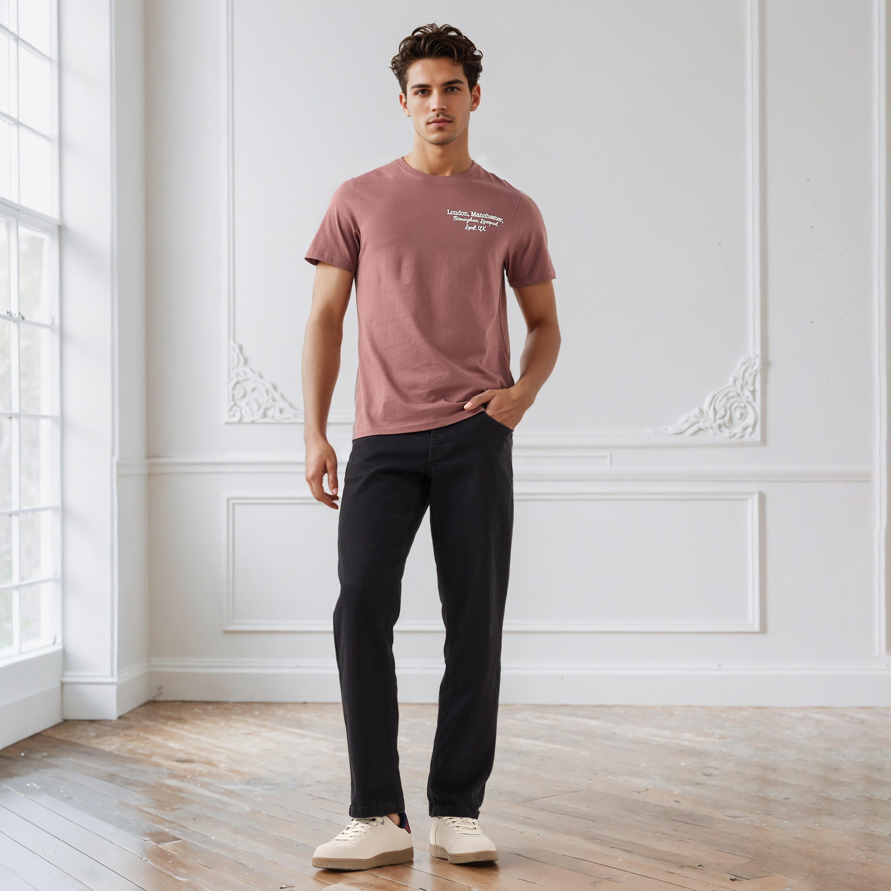 تيشيرت رجالي بقصة ضيقة وطبعات تايبوجرافيك وياقة ضيقة وأكمام قصيرة-men-clothing-tshirtsandpolos-tshirts-image-2