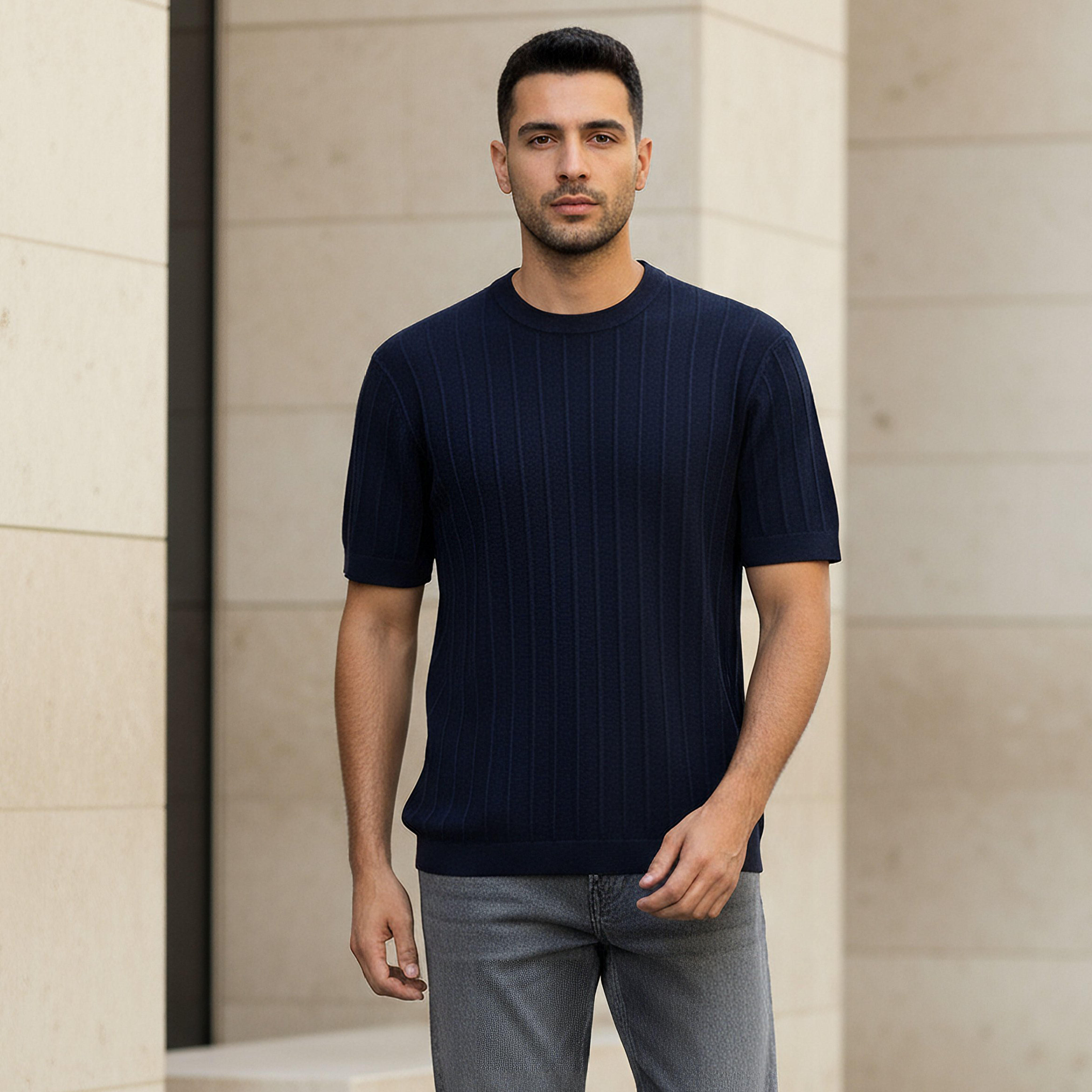 Men Regular Fit Crew Neck Short Sleeve Knit Textured T-shirt-men-clothing-tshirtsandpolos-tshirts-image-1