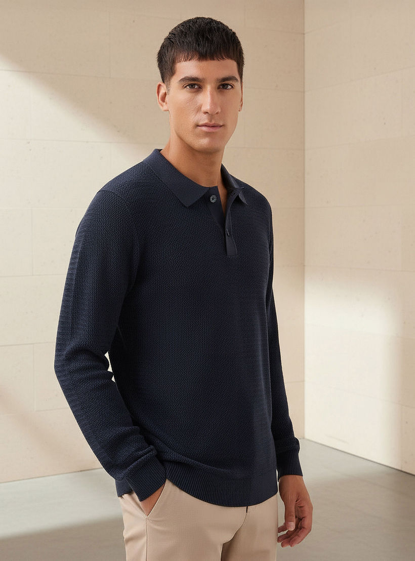 Men Long Sleeves Knit Textured Polo T-shirt-men-clothing-tshirtsandpolos-polos-image-1