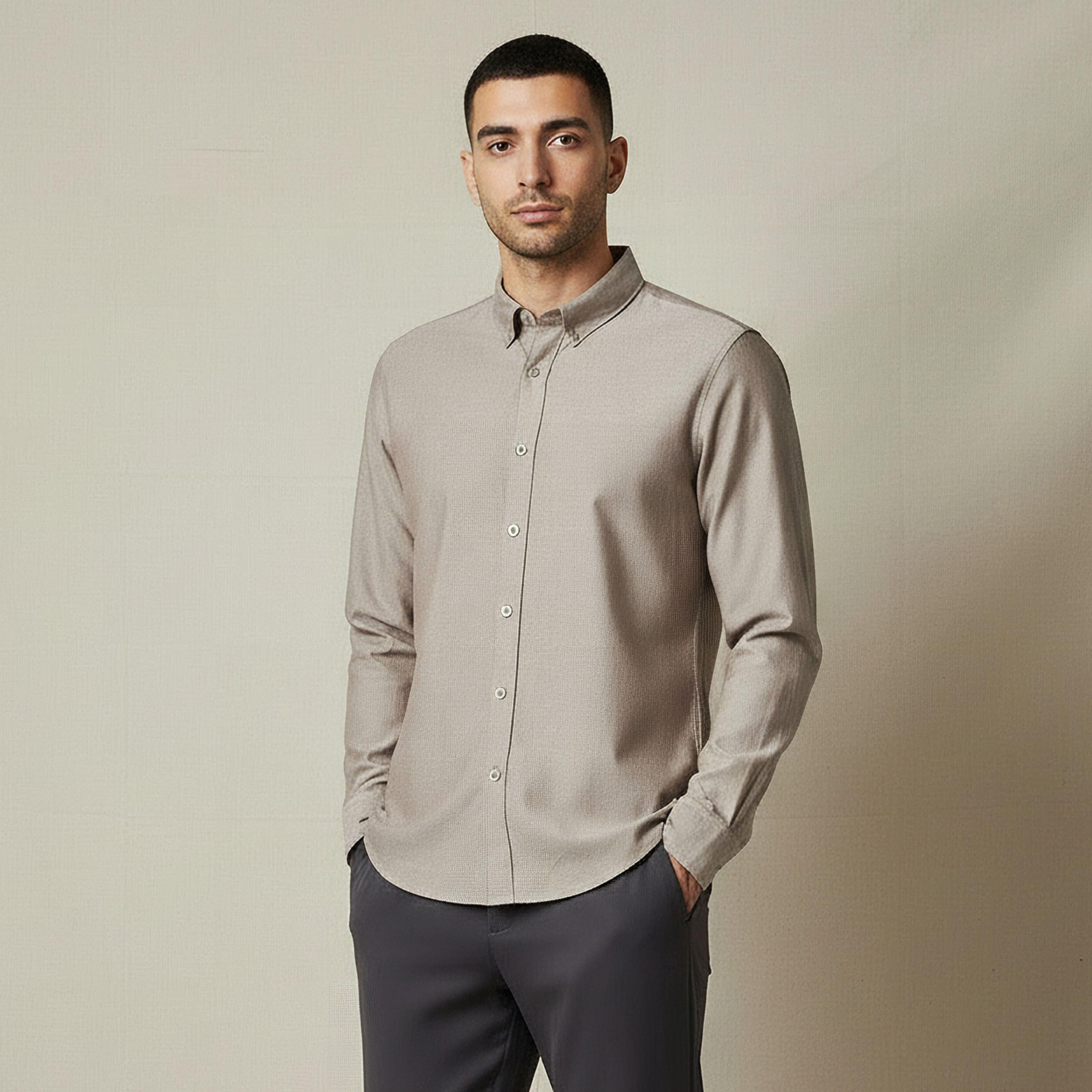 Men Regular Fit Collared Long Sleeves Textured Oxford Shirt-men-clothing-shirts-image-1