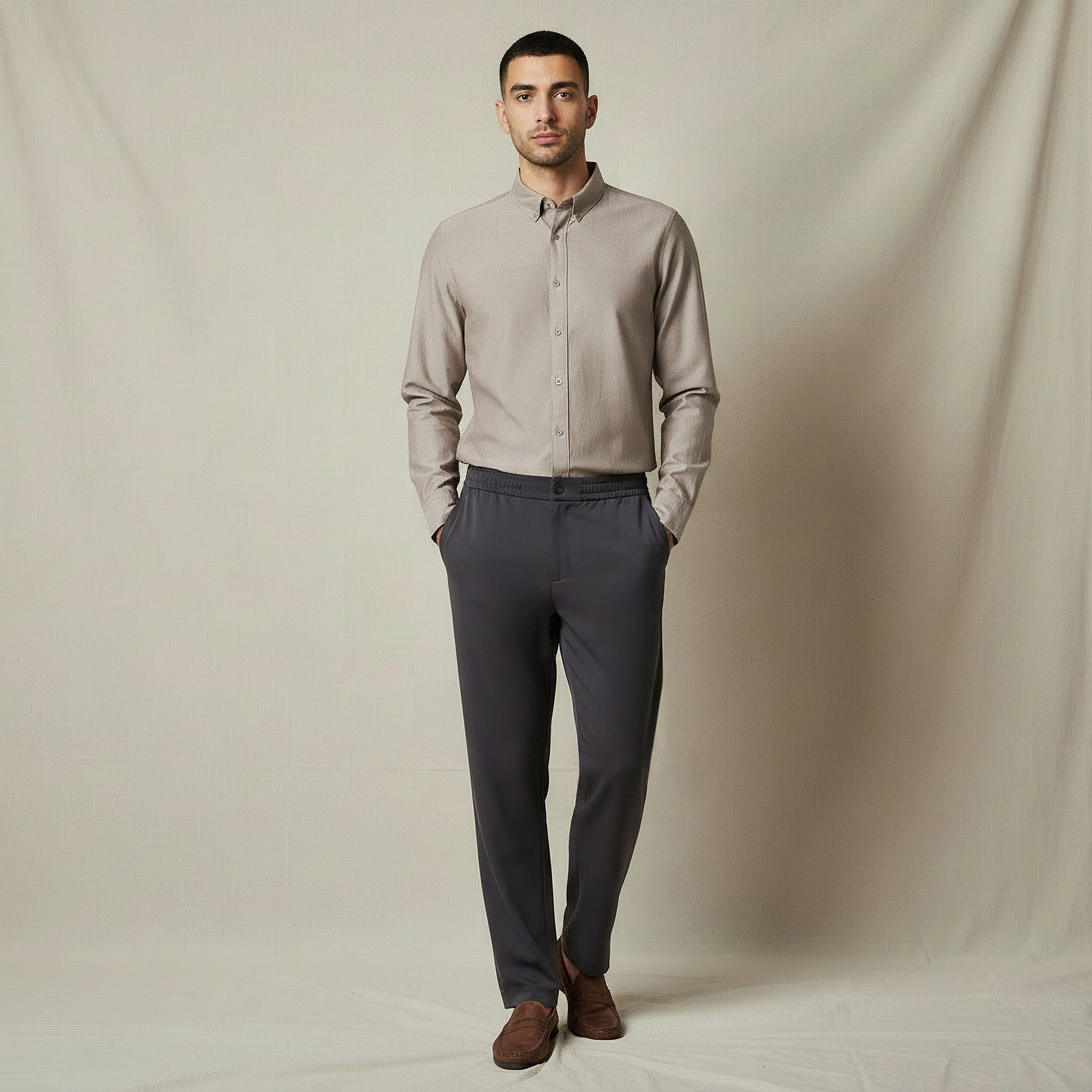 Men Regular Fit Collared Long Sleeves Textured Oxford Shirt-men-clothing-shirts-image-2