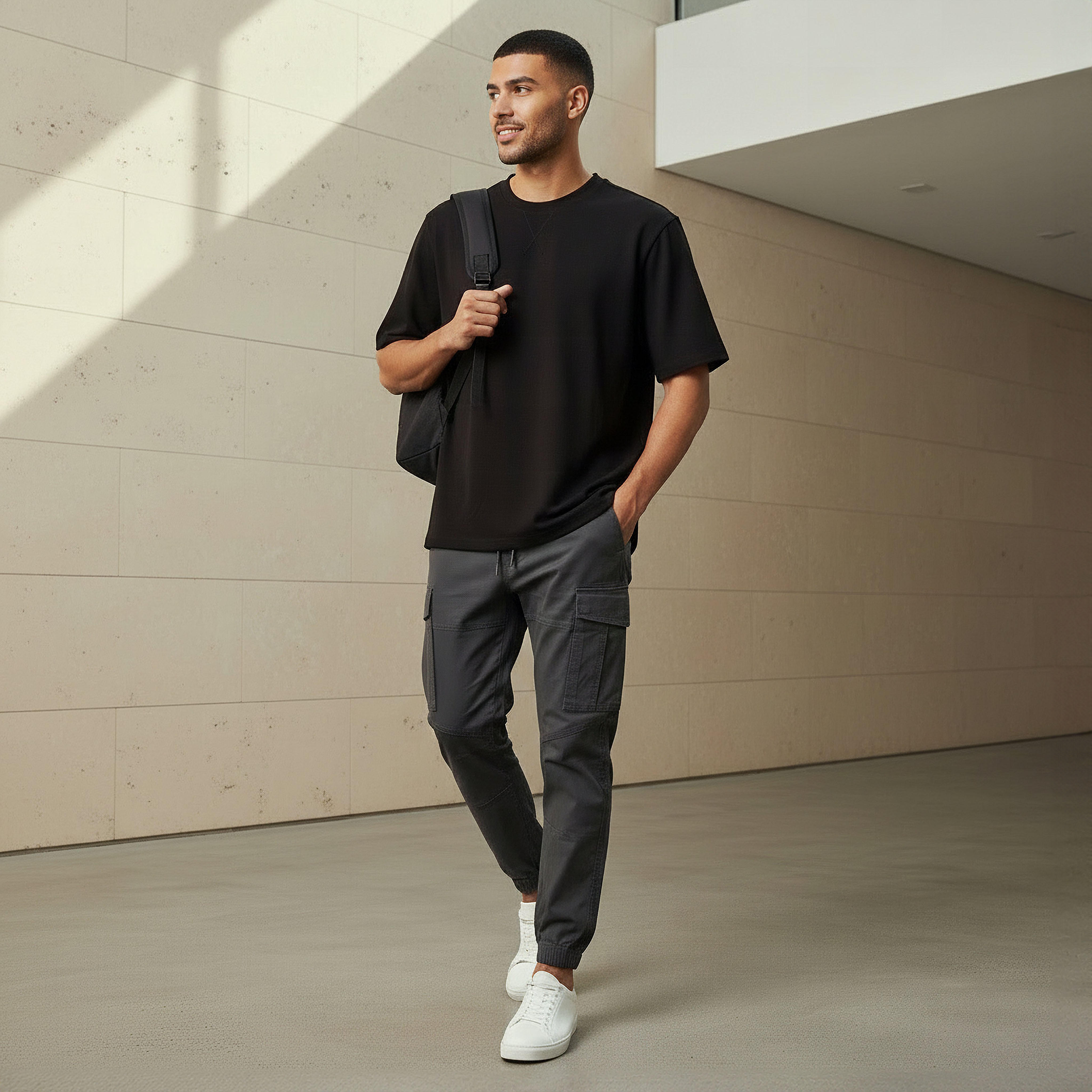 تيشيرت بارز الملمس بقصة مريحة وياقة ضيقة وأكمام قصيرة للرجال-men-clothing-tshirtsandpolos-tshirts-image-2