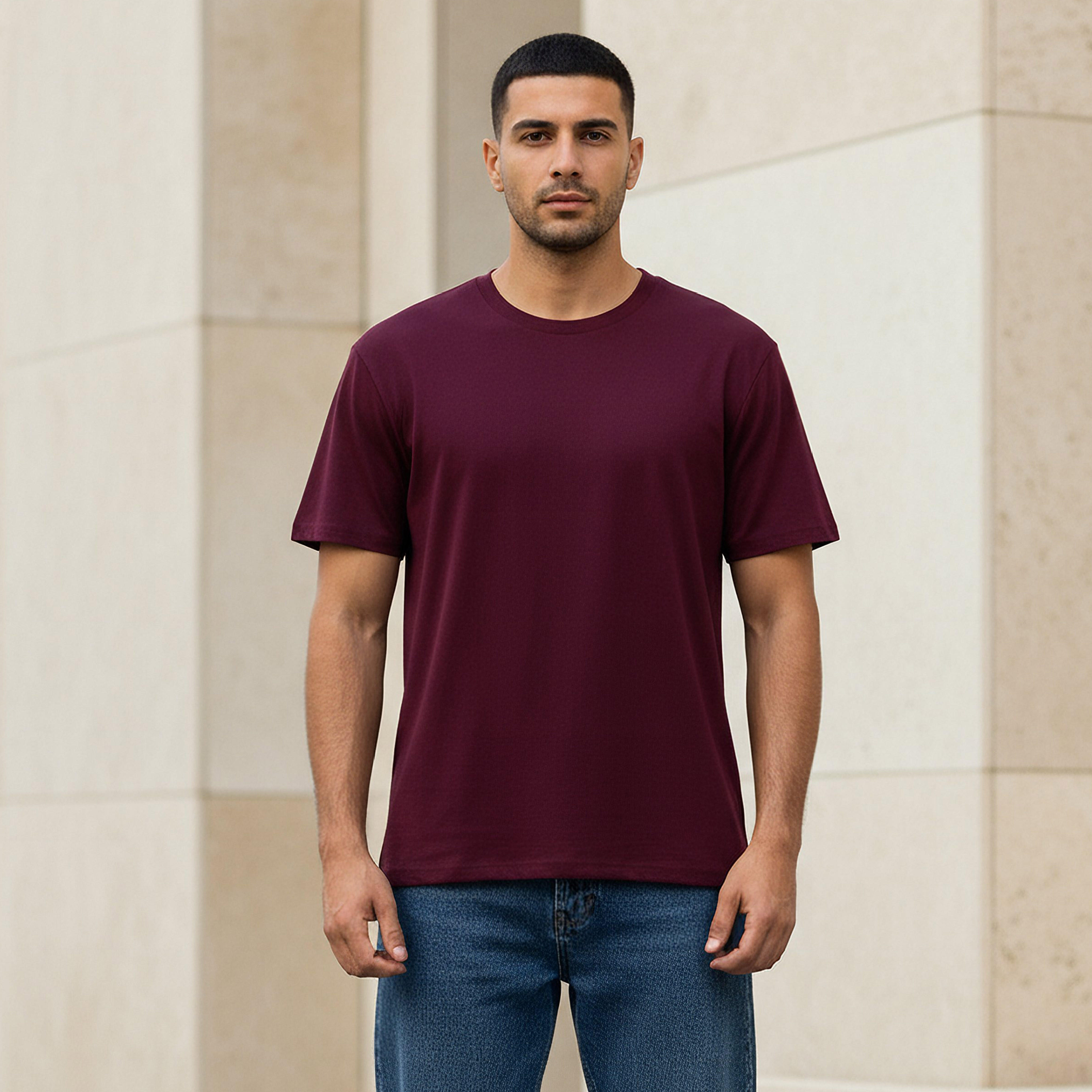 تيشيرت بقصة مريحة وياقة ضيقة وأكمام قصيرة للرجال-men-clothing-tshirtsandpolos-tshirts-image-1