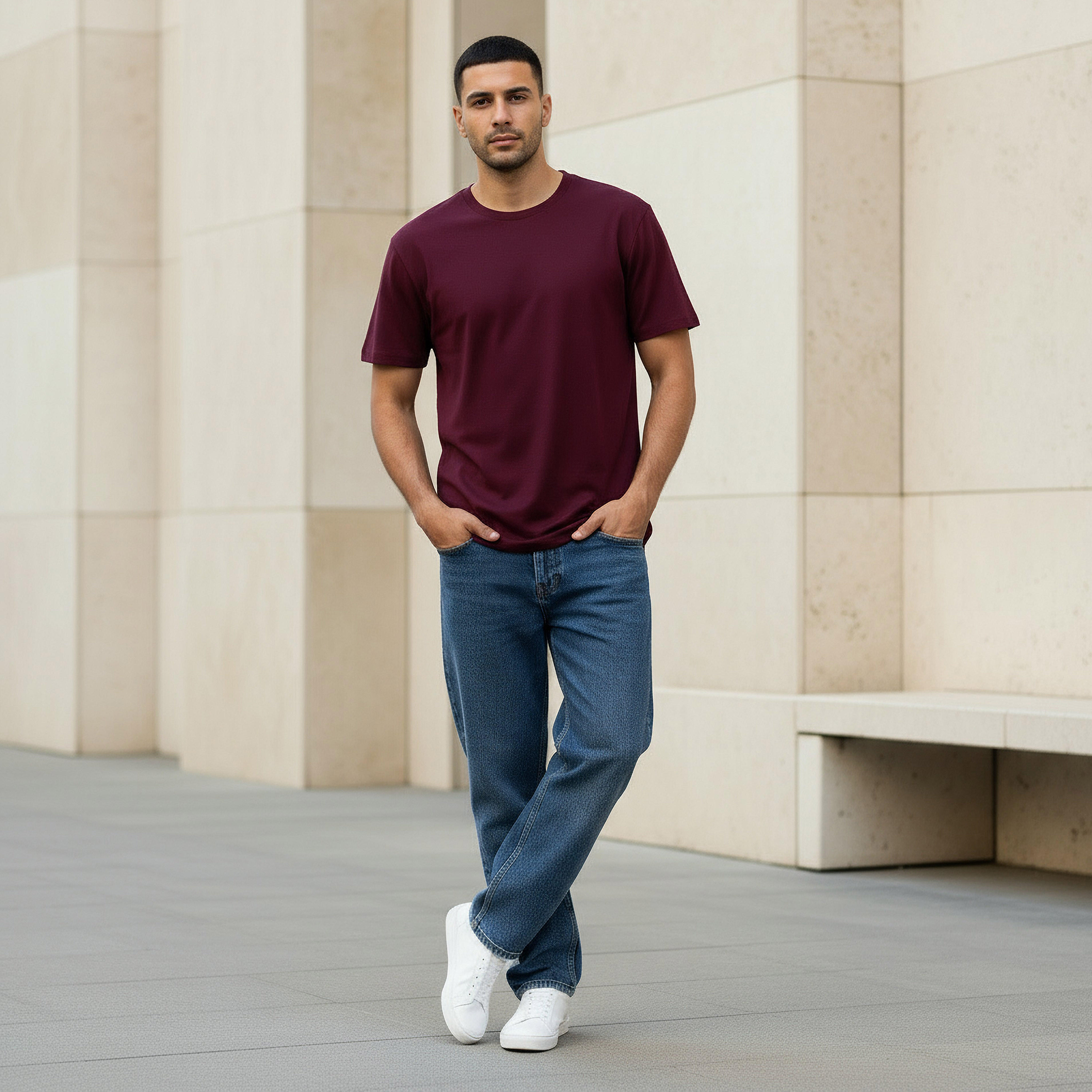 تيشيرت بقصة مريحة وياقة ضيقة وأكمام قصيرة للرجال-men-clothing-tshirtsandpolos-tshirts-image-2