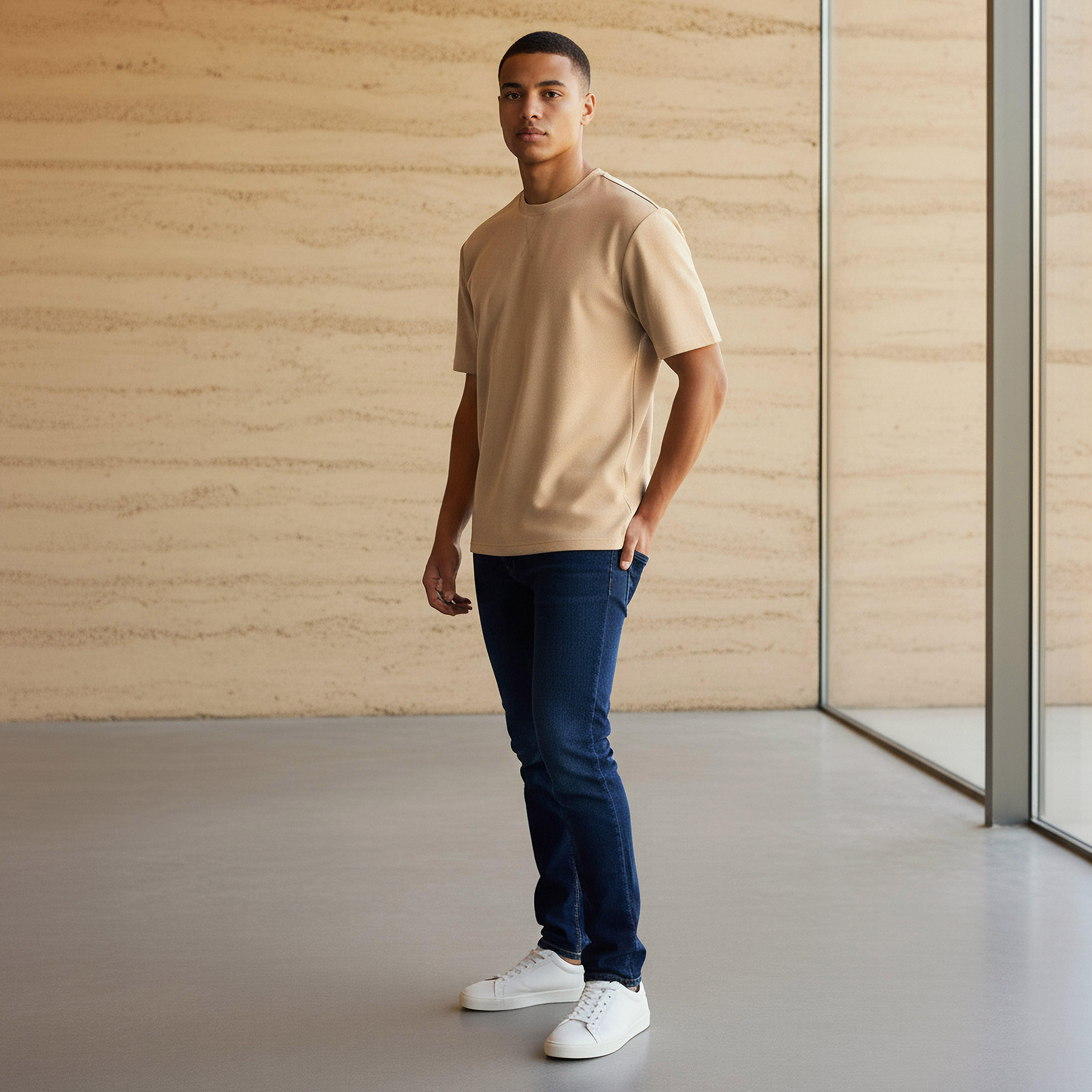 تيشيرت رجالي بارز الملمس بقصة مريحة وياقة ضيقة وأكمام قصيرة-men-clothing-tshirtsandpolos-tshirts-image-2