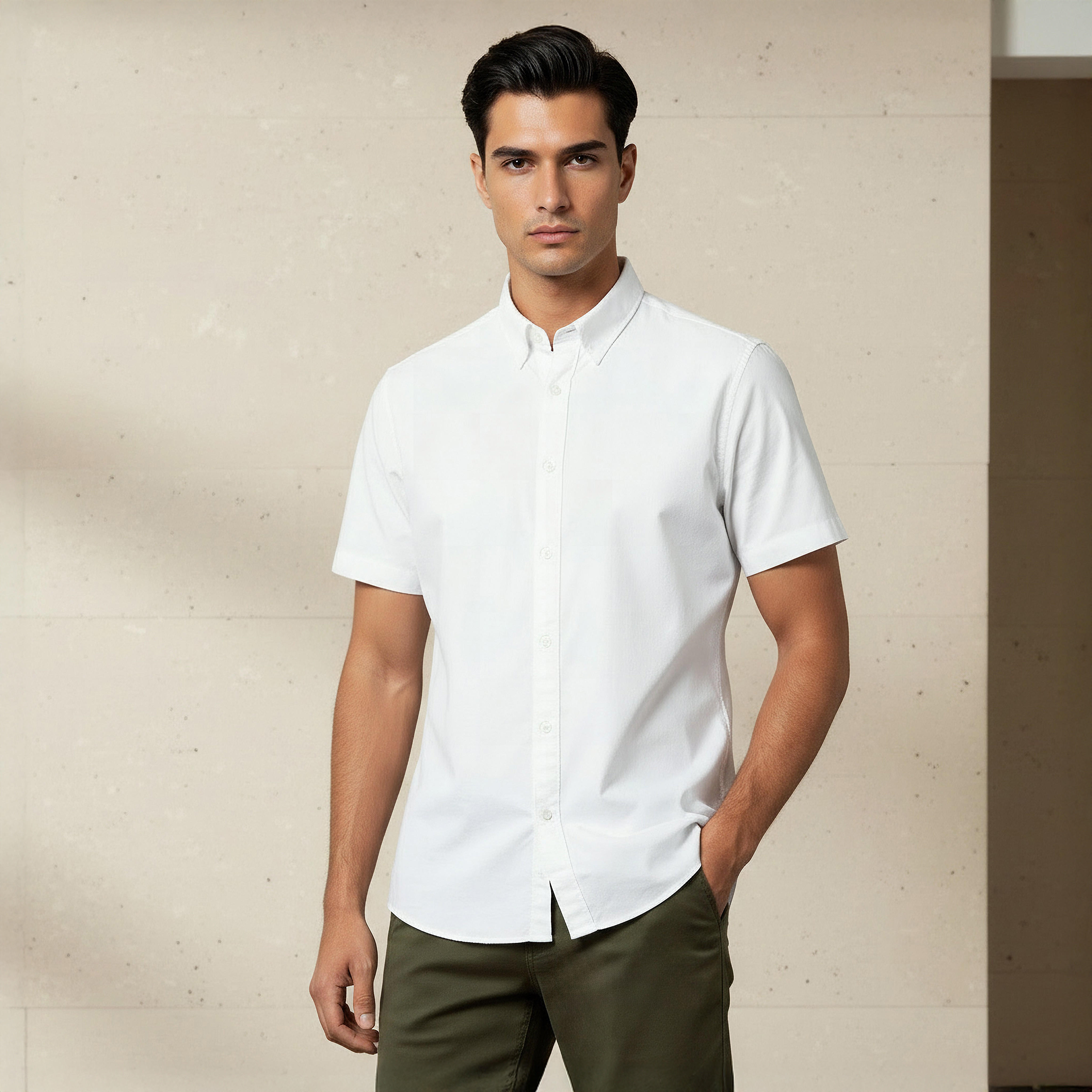 Men Regular Fit Button-Down Collar Short Sleeve Shirt-men-clothing-shirts-image-1