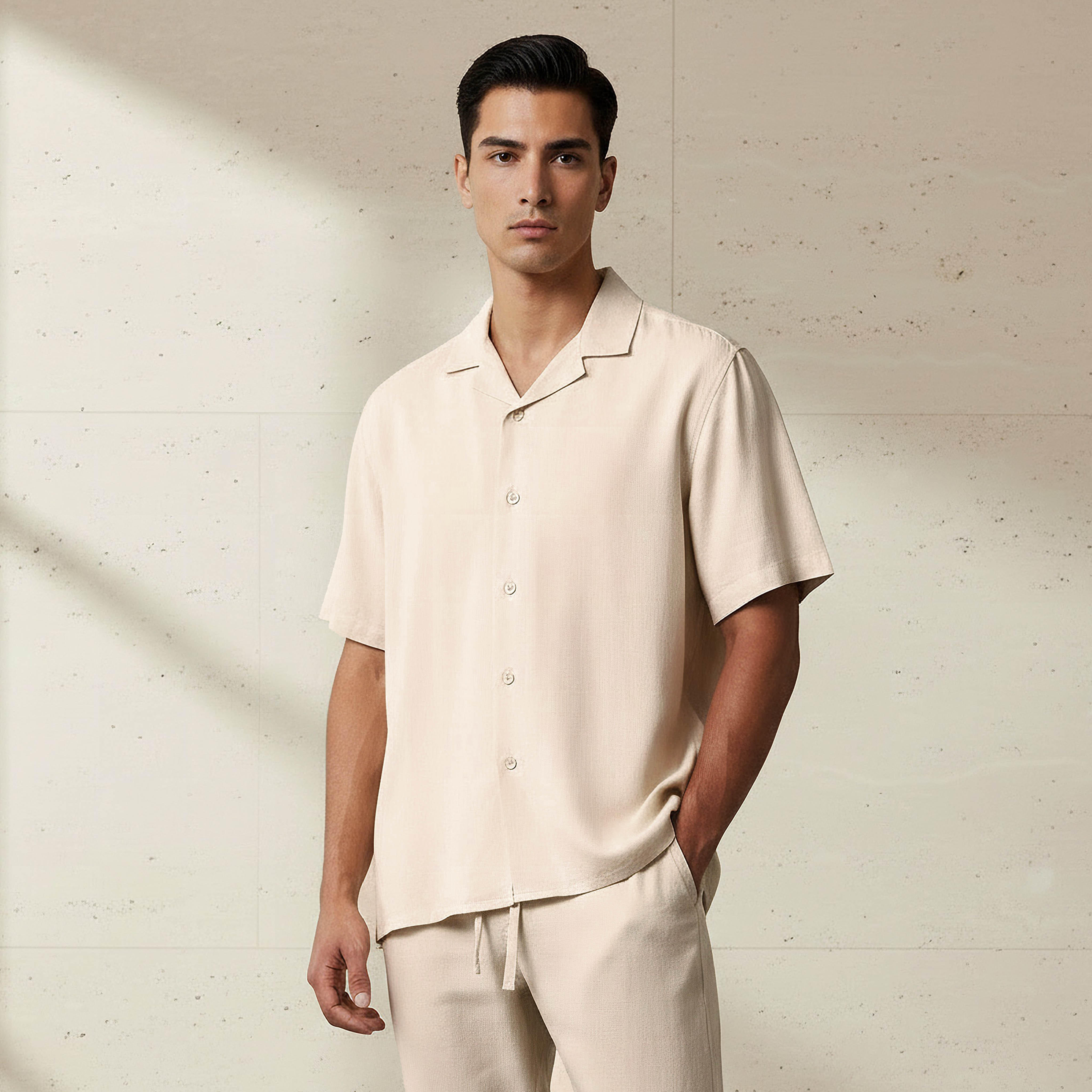 Men Regular Fit Camp Collar Short Sleeve Linen Blend Shirt-men-clothing-shirts-image-1