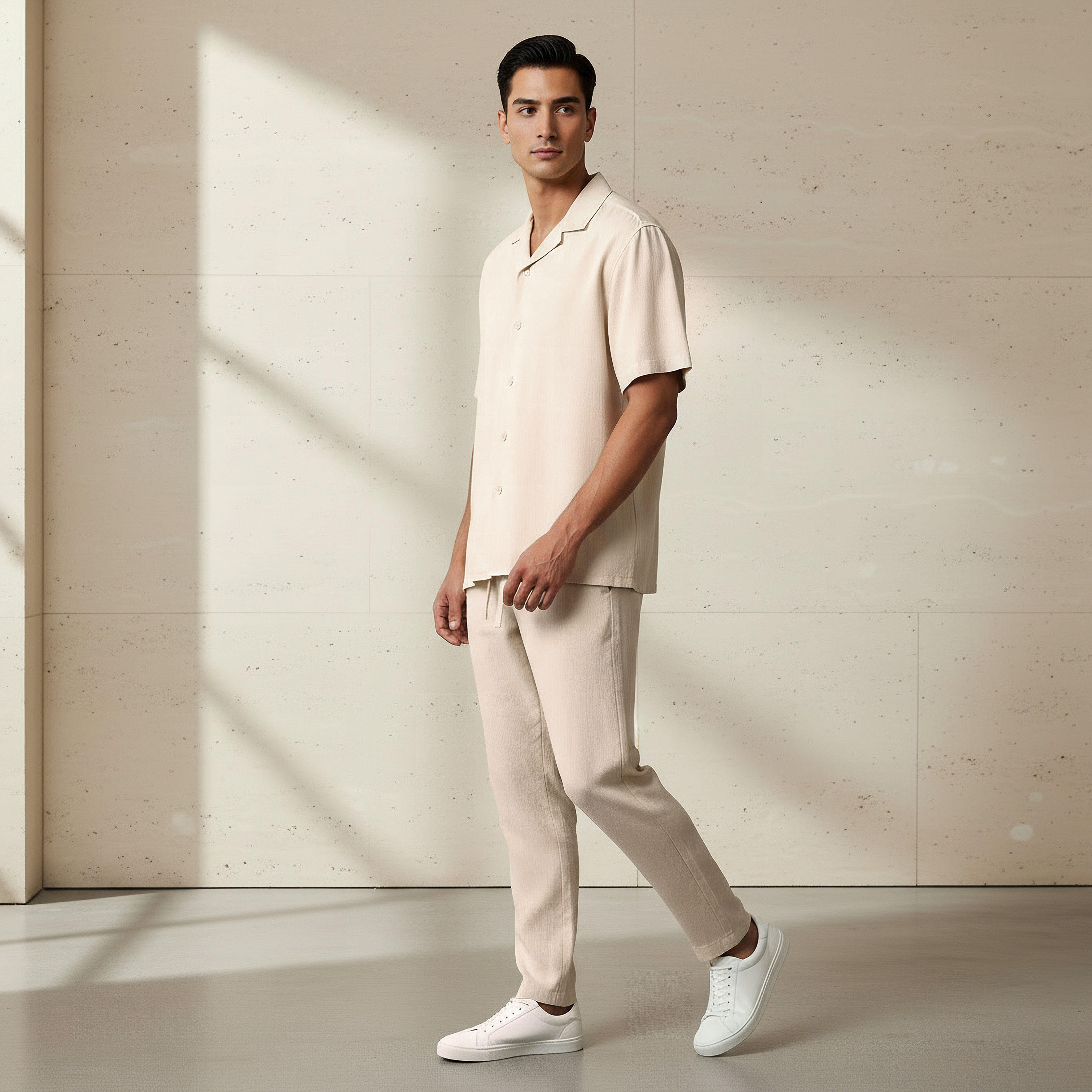 Men Regular Fit Camp Collar Short Sleeve Linen Blend Shirt-men-clothing-shirts-image-2