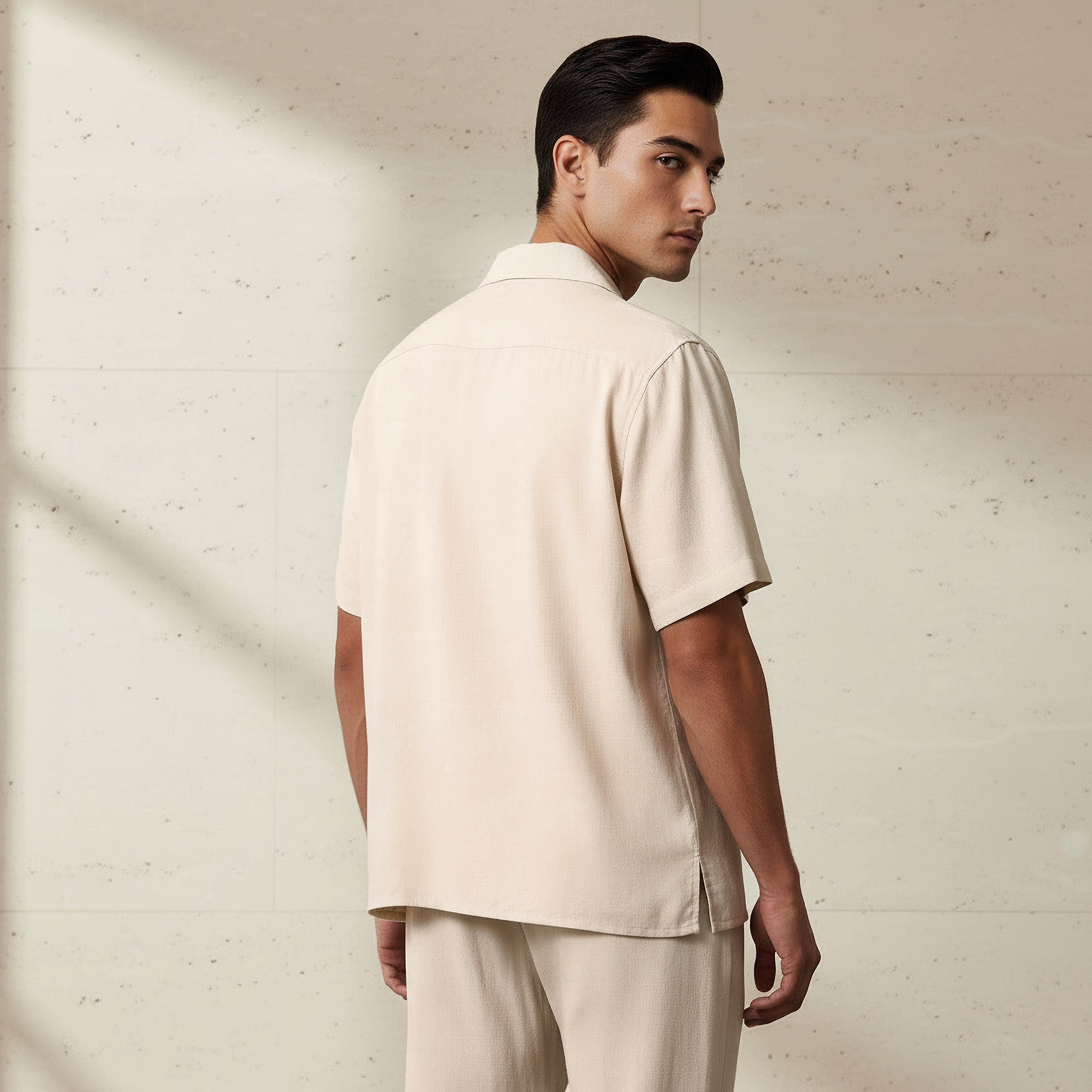 Men Regular Fit Camp Collar Short Sleeve Linen Blend Shirt-men-clothing-shirts-image-3