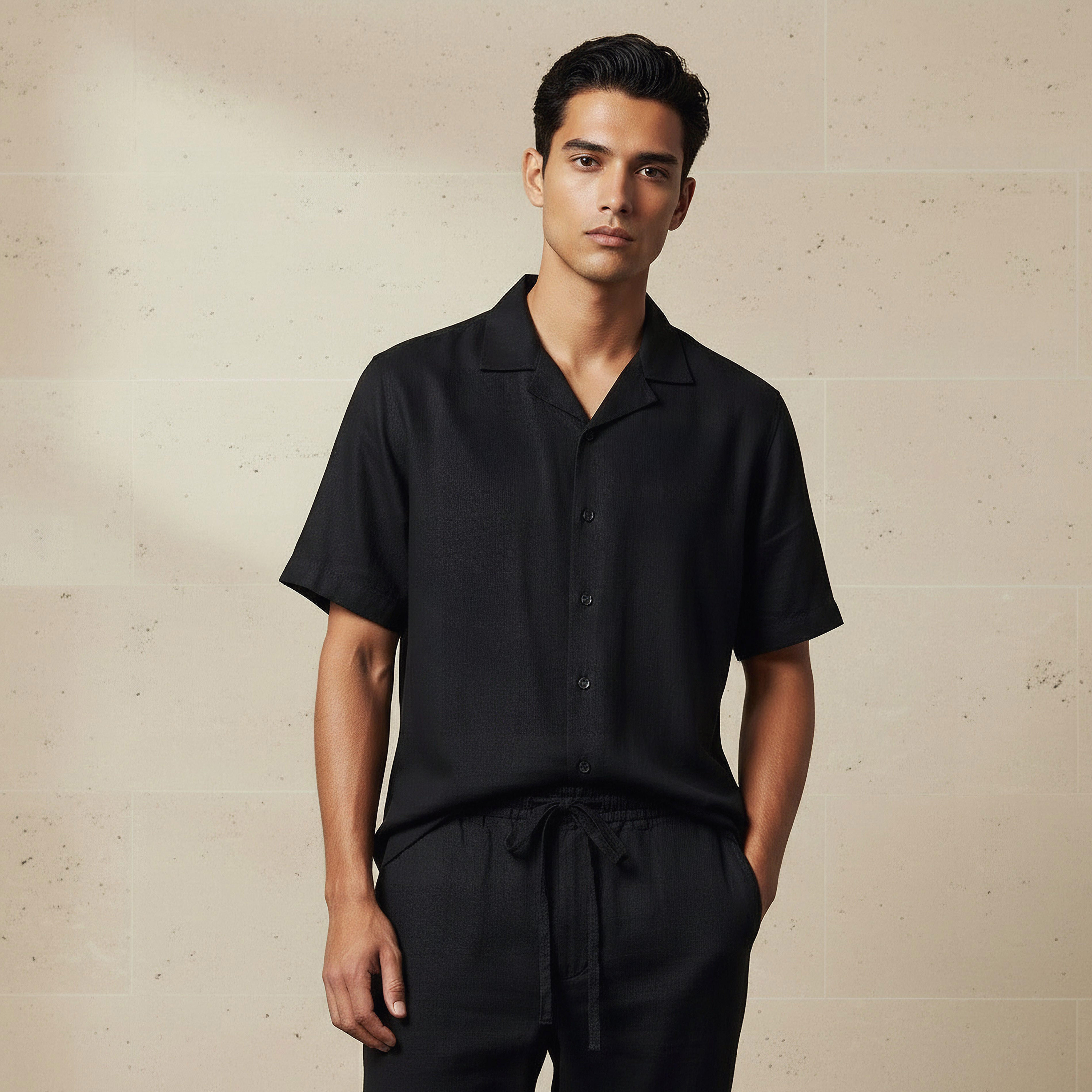 Men Regular Fit Camp Collar Short Sleeve Linen Blend Shirt-men-clothing-shirts-image-1