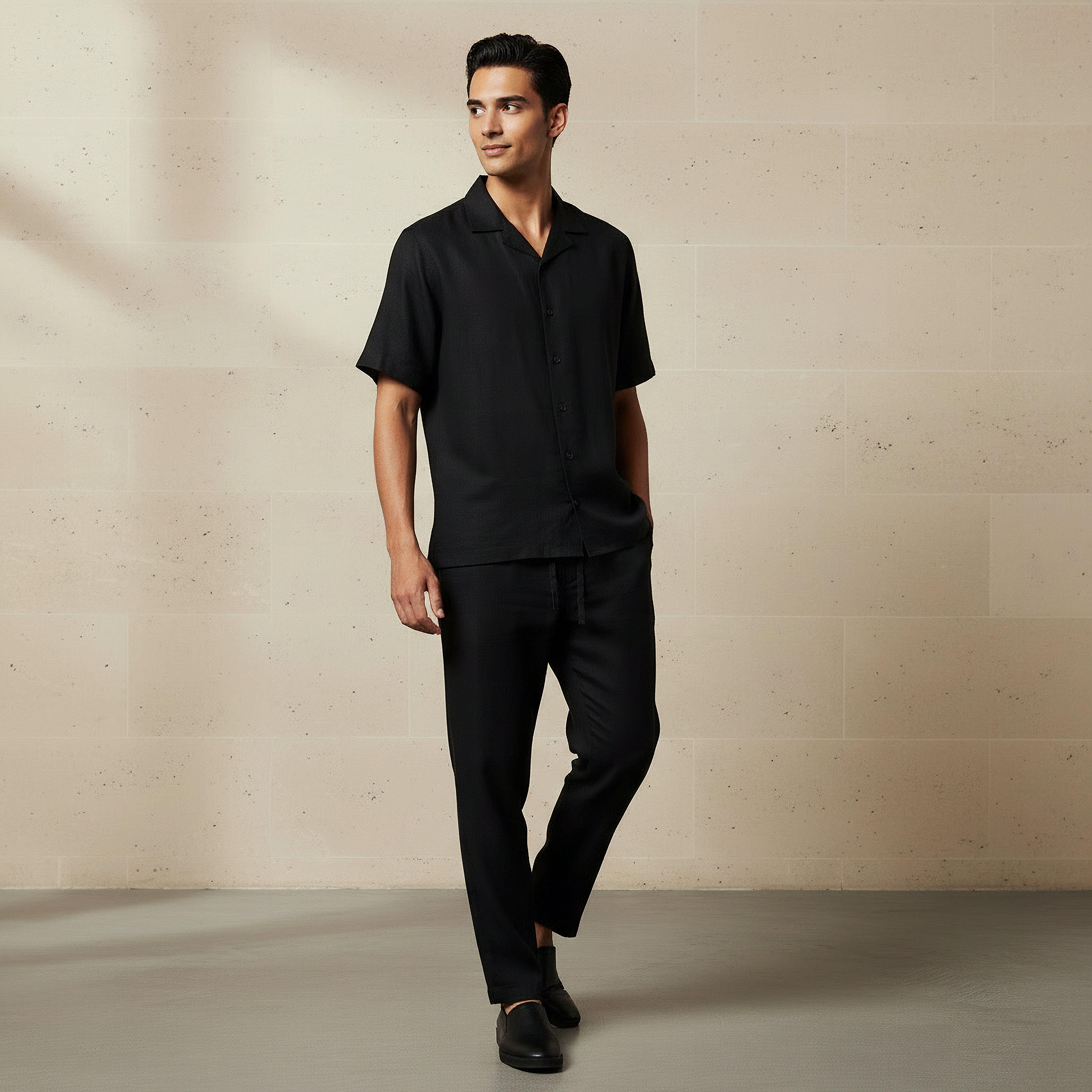 Men Regular Fit Camp Collar Short Sleeve Linen Blend Shirt-men-clothing-shirts-image-2