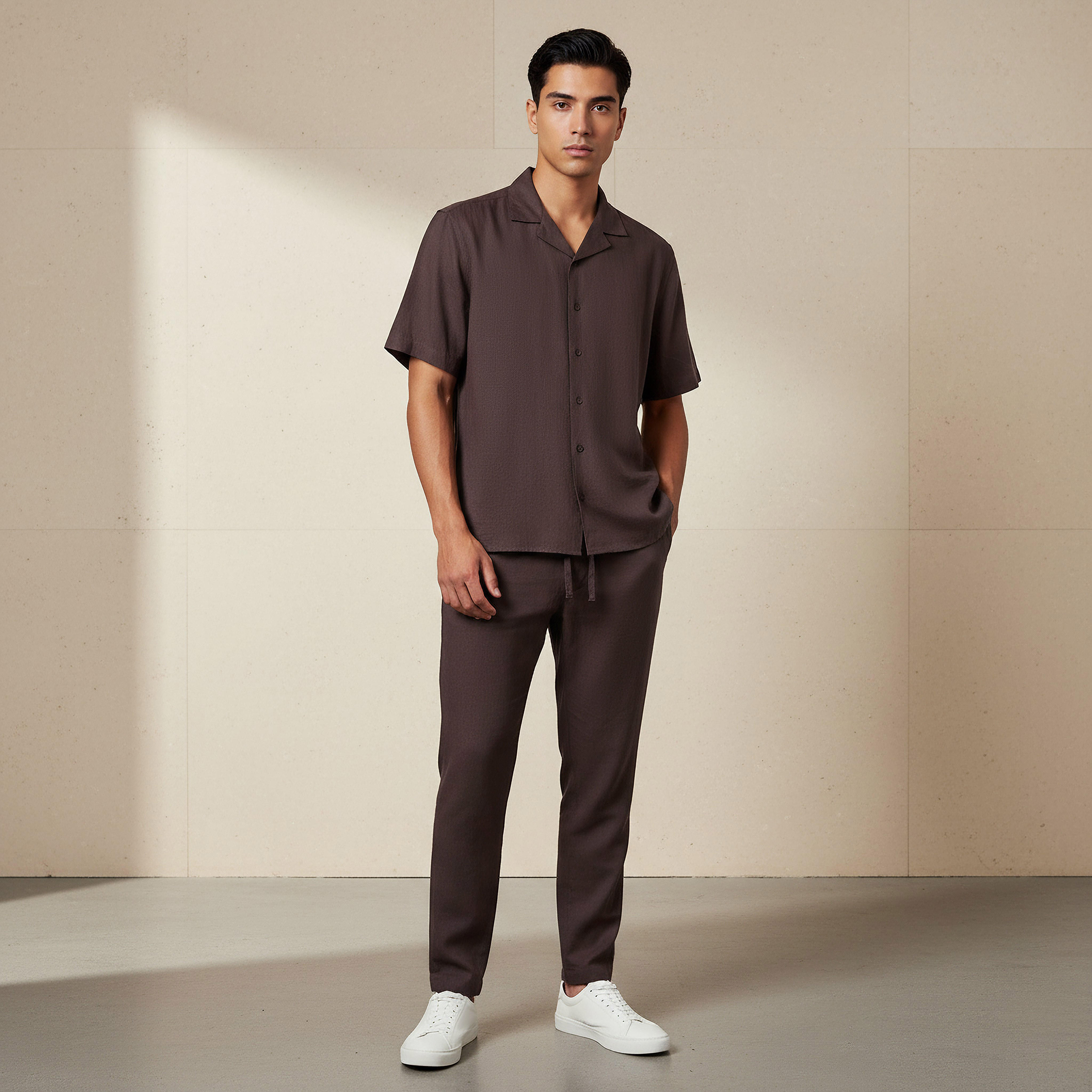Men Regular Fit Camp Collar Short Sleeve Linen Blend Shirt-men-clothing-shirts-image-1