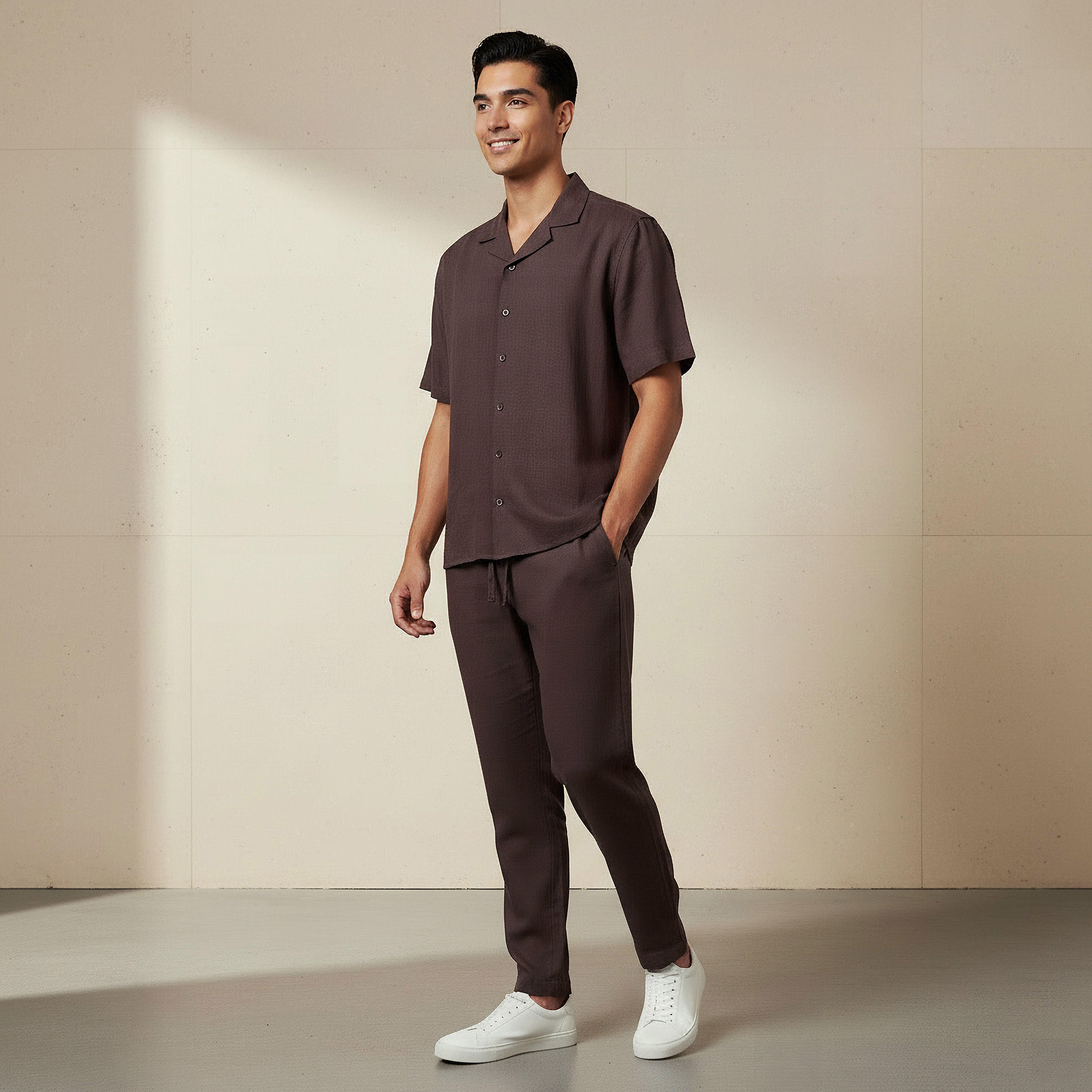 Men Regular Fit Camp Collar Short Sleeve Linen Blend Shirt-men-clothing-shirts-image-2