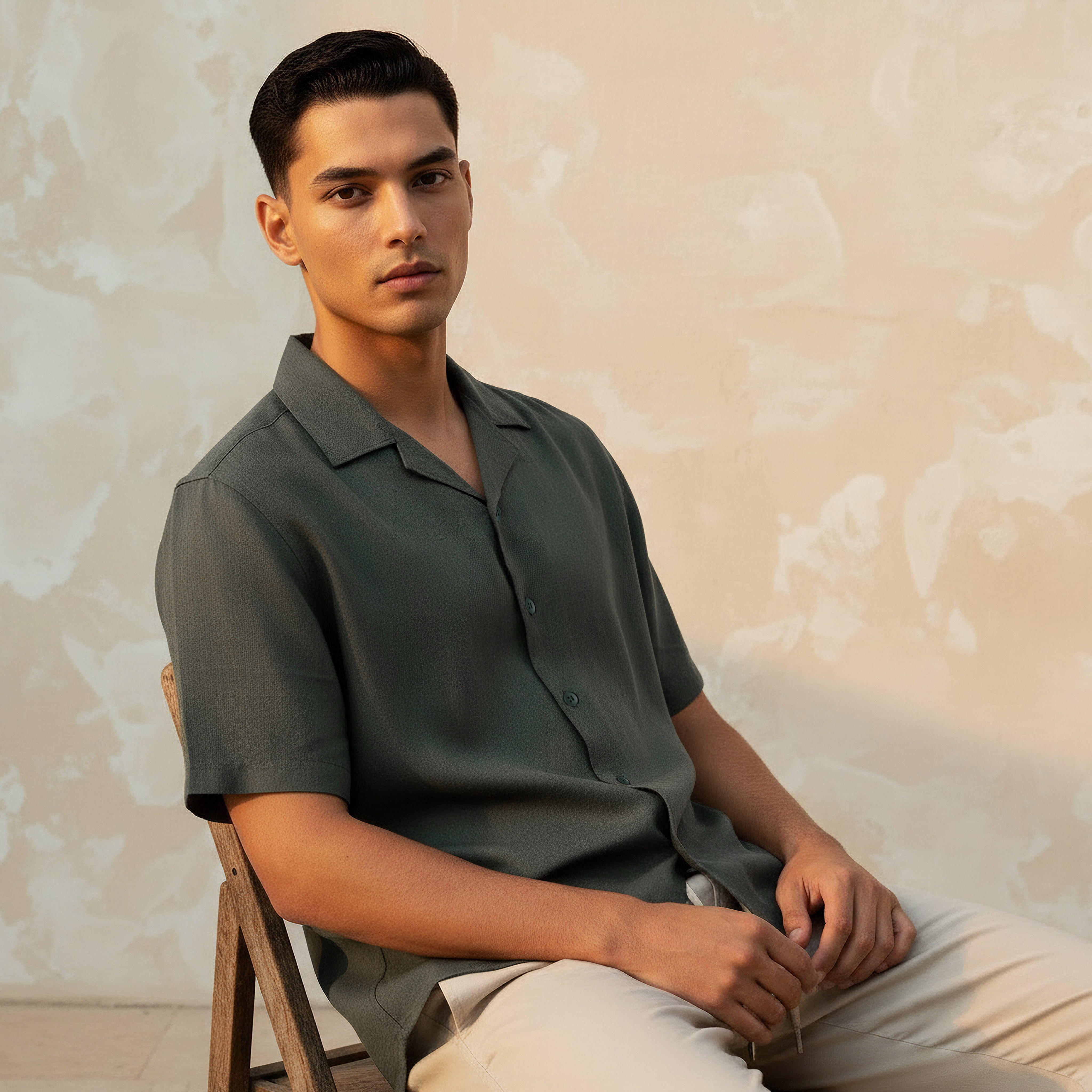Men Regular Fit Camp Collar Short Sleeve Linen Blend Shirt-men-clothing-shirts-image-1