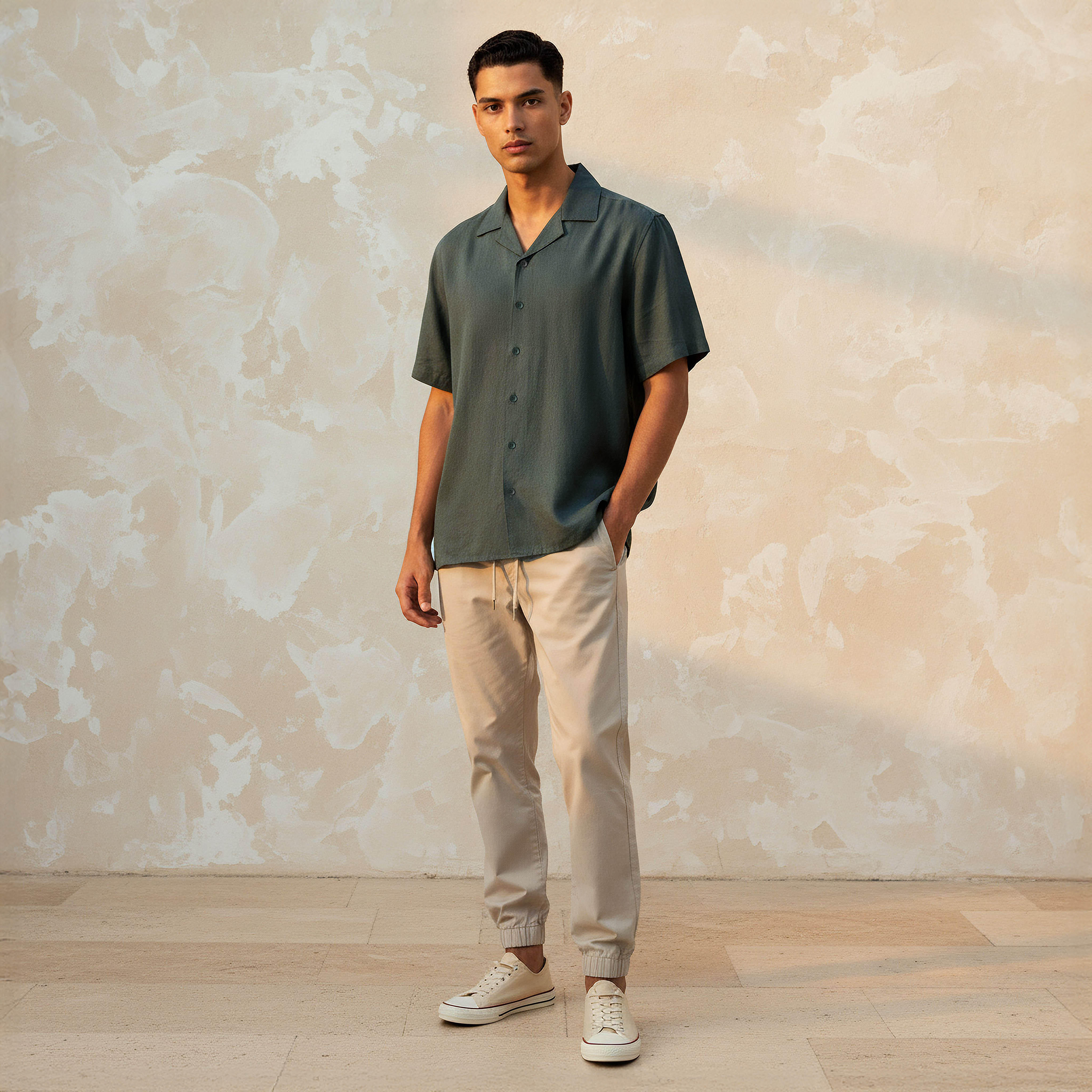Men Regular Fit Camp Collar Short Sleeve Linen Blend Shirt-men-clothing-shirts-image-2