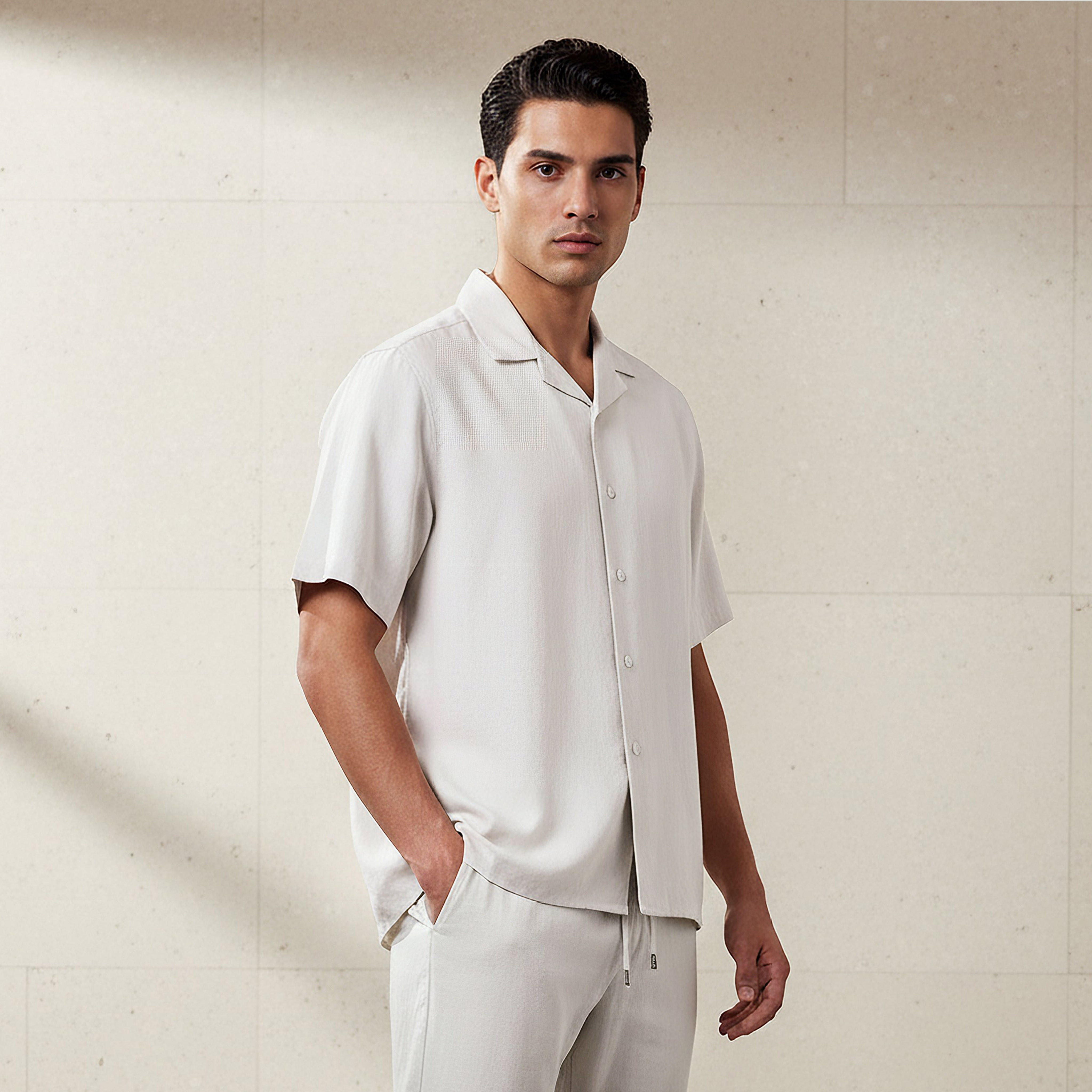 Men Regular Fit Camp Collar Short Sleeve Linen Blend Shirt-men-clothing-shirts-image-1