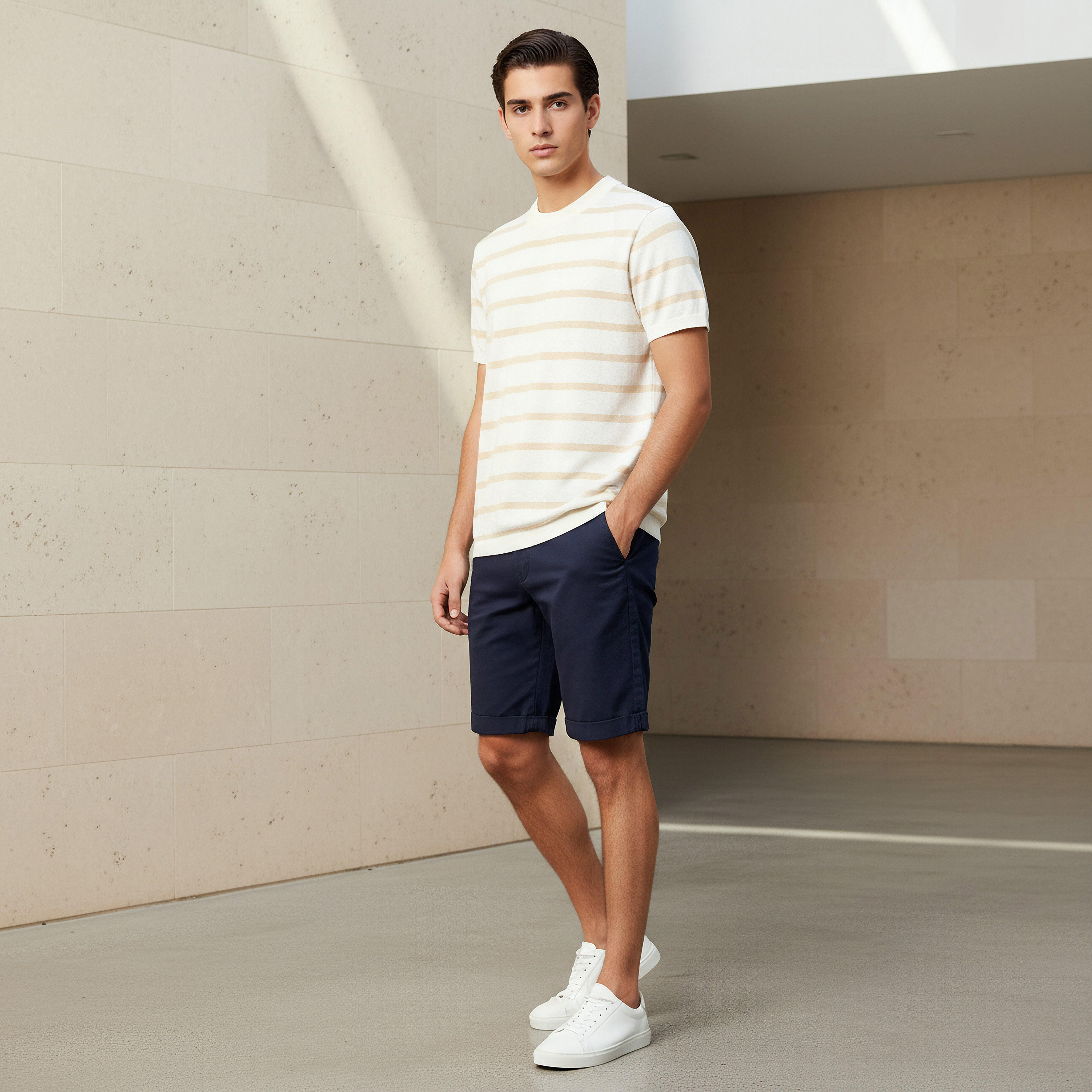 تيشيرت بقصّة عادية وياقة مستديرة وأكمام قصيرة مخطّط للرجال-men-clothing-tshirtsandpolos-tshirts-image-2