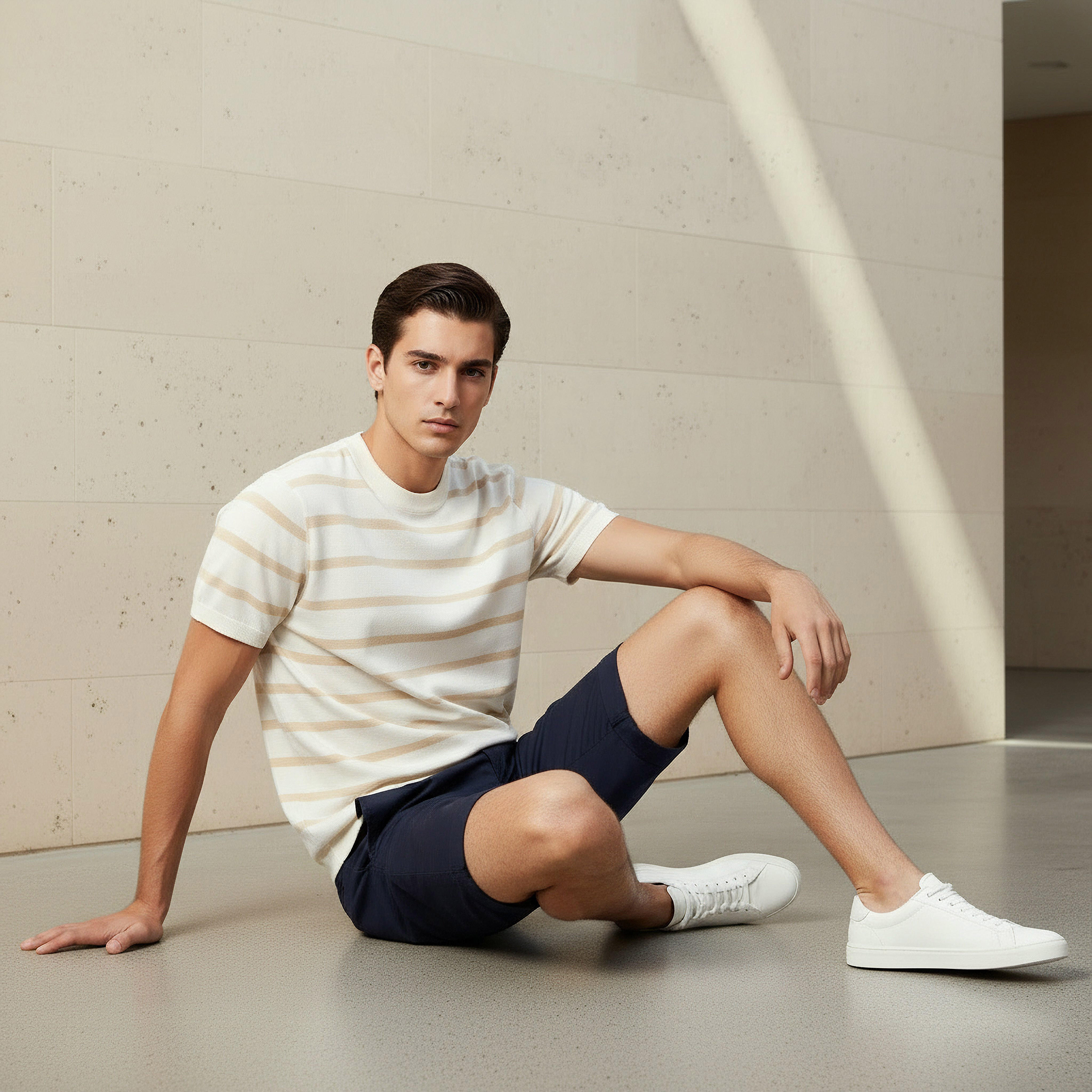 تيشيرت بقصّة عادية وياقة مستديرة وأكمام قصيرة مخطّط للرجال-men-clothing-tshirtsandpolos-tshirts-image-5
