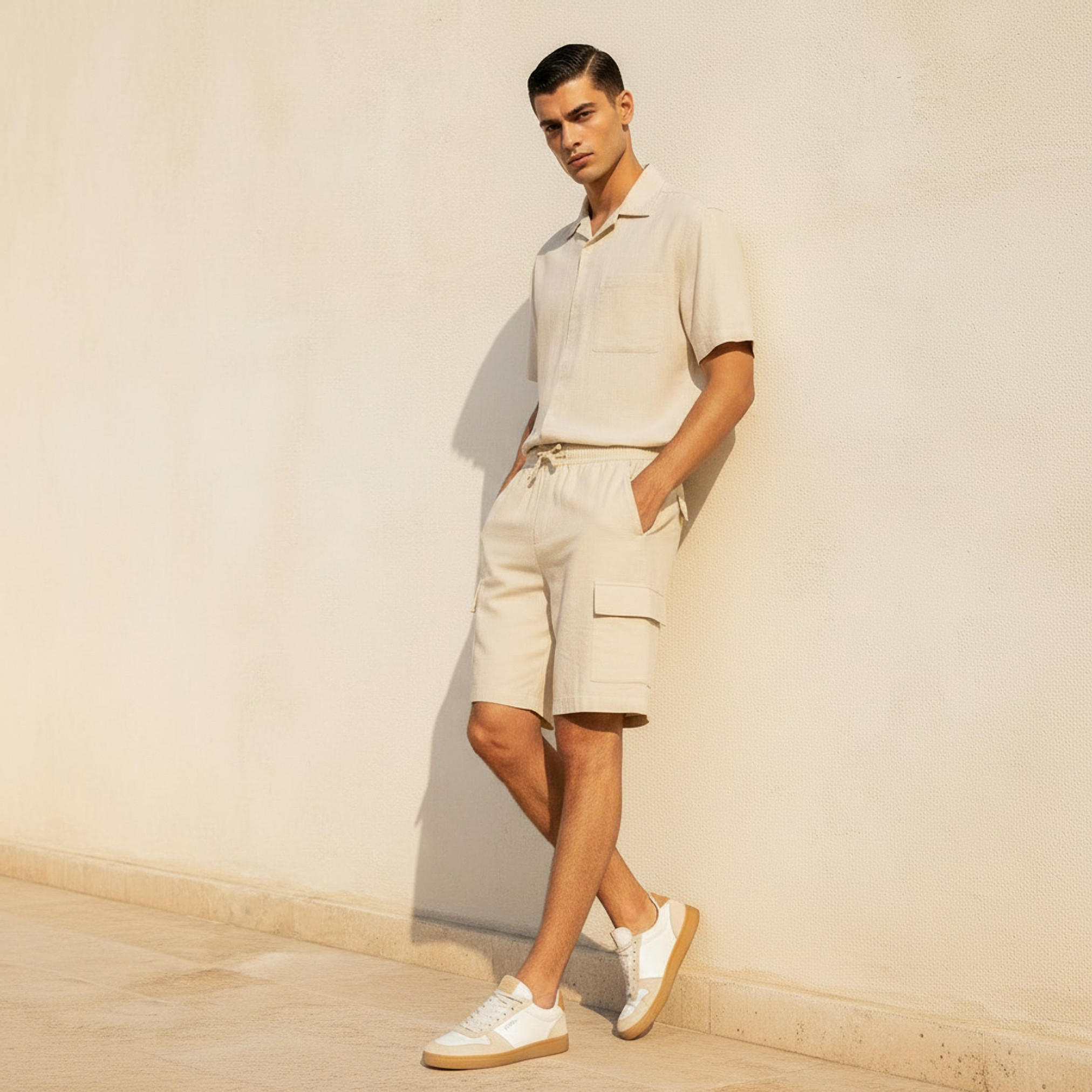 Men Regular Fit Linen Blend Cargo Shorts-men-clothing-bottoms-shorts-image-3