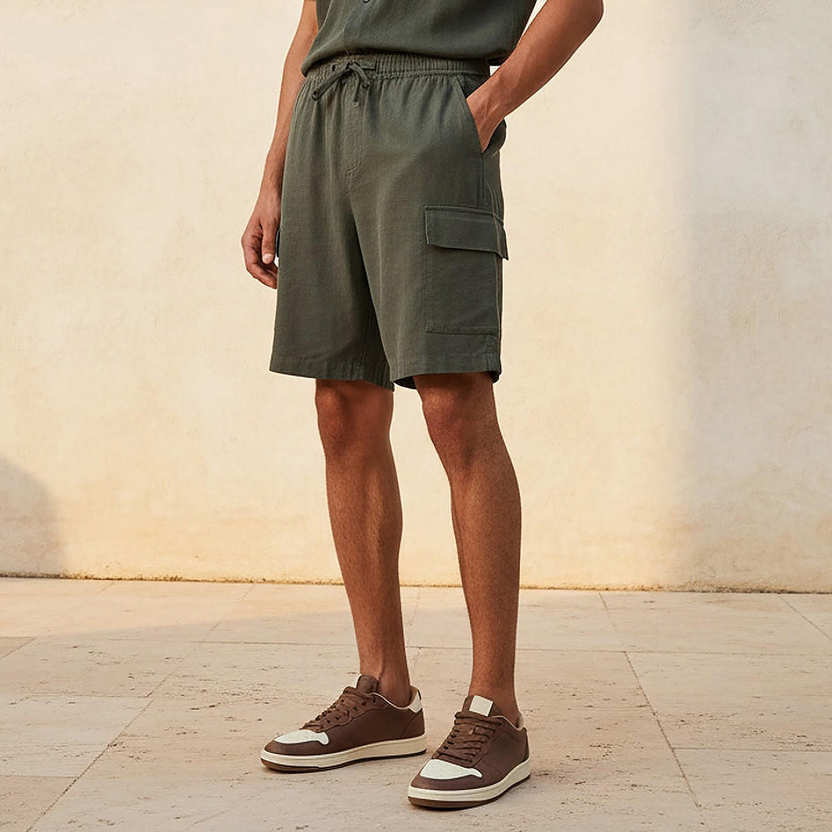 Men Regular Fit Linen Blend Cargo Shorts-men-clothing-bottoms-shorts-image-1