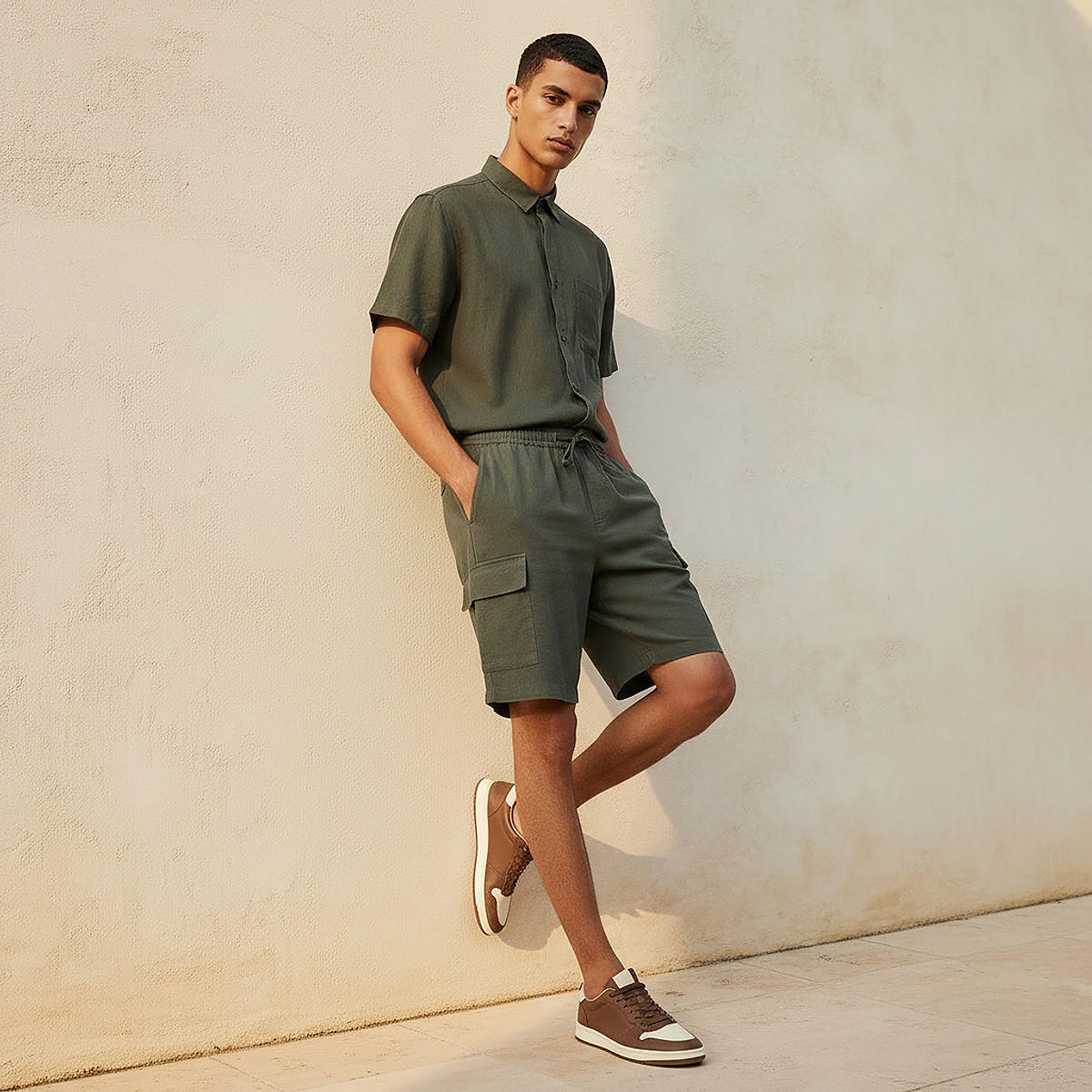 Men Regular Fit Linen Blend Cargo Shorts-men-clothing-bottoms-shorts-image-3