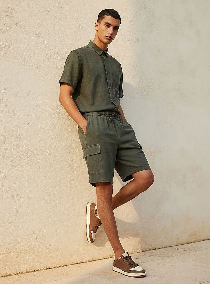 Men Regular Fit Linen Blend Cargo Shorts-men-clothing-bottoms-shorts-image-3
