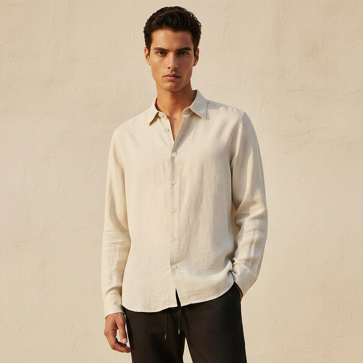 قميص مزيج الكتان بقصة عادية وياقة وملمس بارز وأكمام طويلة من سبلاش بيسك-men-clothing-shirts-image-1