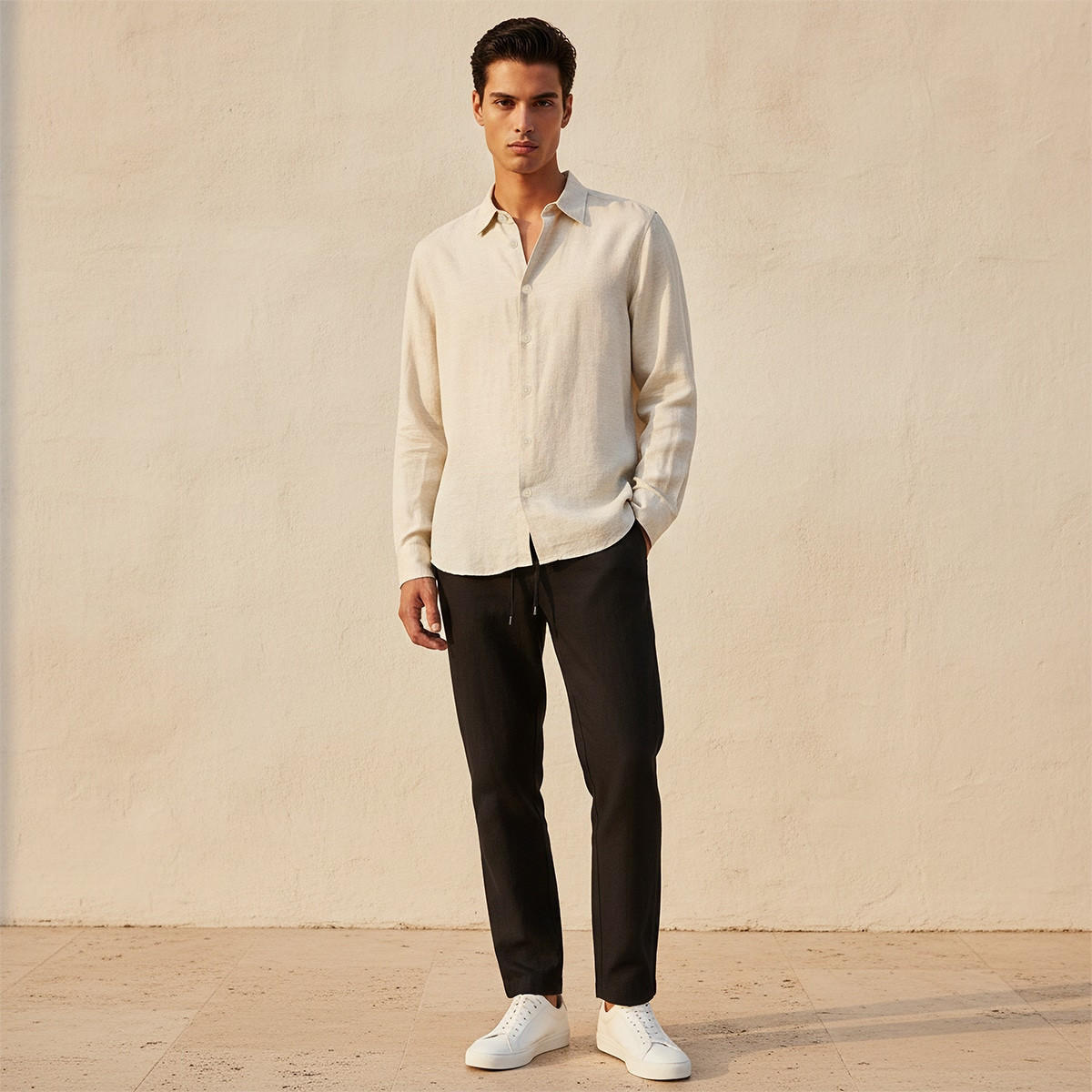 قميص مزيج الكتان بقصة عادية وياقة وملمس بارز وأكمام طويلة من سبلاش بيسك-men-clothing-shirts-image-3