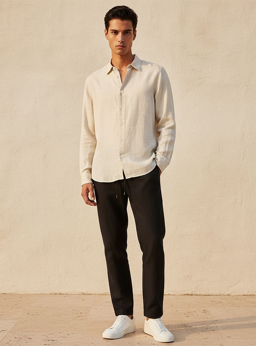قميص مزيج الكتان بقصة عادية وياقة وملمس بارز وأكمام طويلة من سبلاش بيسك-men-clothing-shirts-image-3