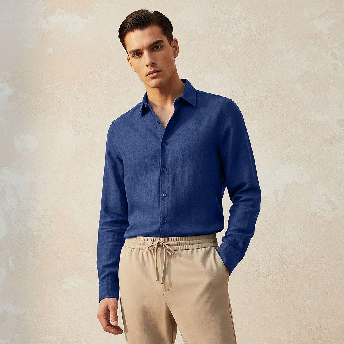 قميص مزيج الكتان بقصة عادية وياقة وملمس بارز وأكمام طويلة من سبلاش بيسك-men-clothing-shirts-image-1