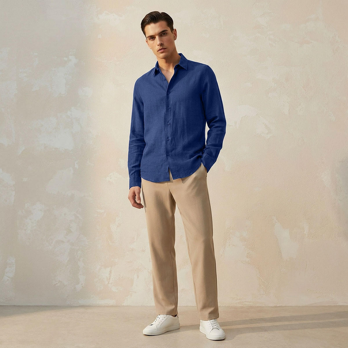 قميص مزيج الكتان بقصة عادية وياقة وملمس بارز وأكمام طويلة من سبلاش بيسك-men-clothing-shirts-image-3