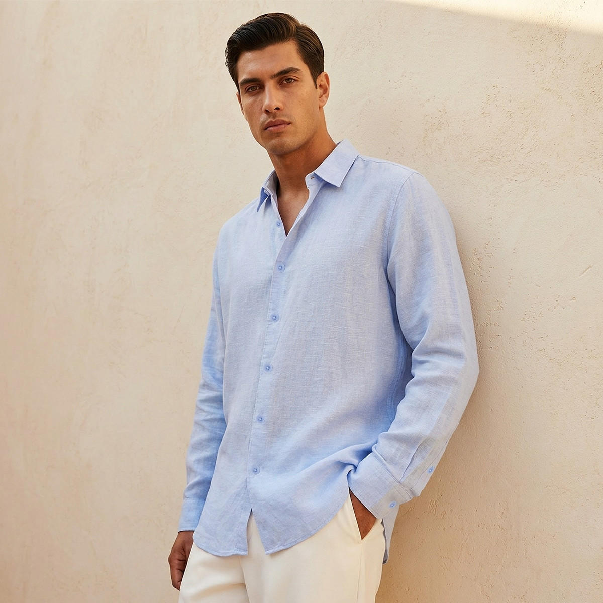 قميص مزيج الكتان بقصة عادية وياقة وملمس بارز وأكمام طويلة من سبلاش بيسك-men-clothing-shirts-image-1