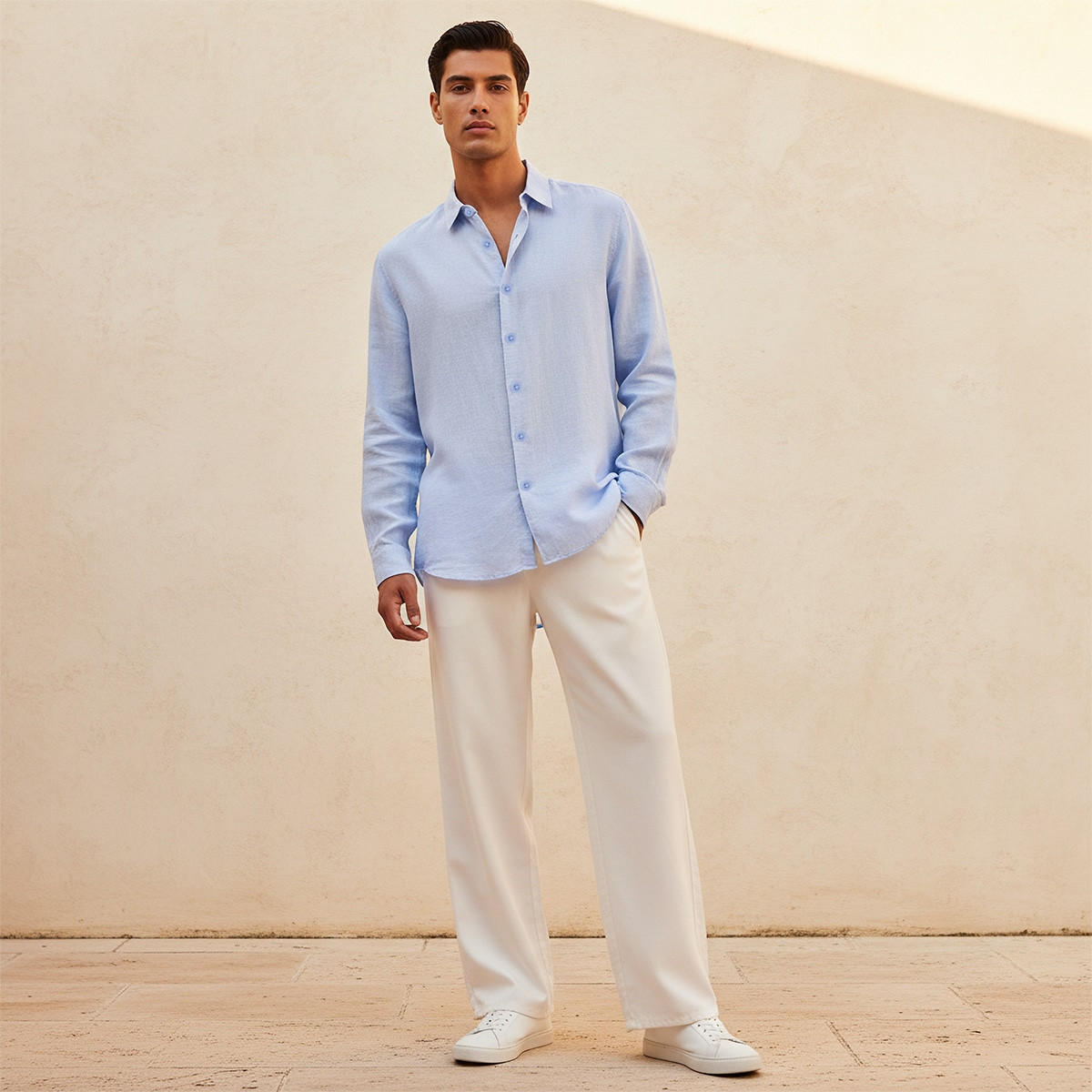 قميص مزيج الكتان بقصة عادية وياقة وملمس بارز وأكمام طويلة من سبلاش بيسك-men-clothing-shirts-image-3