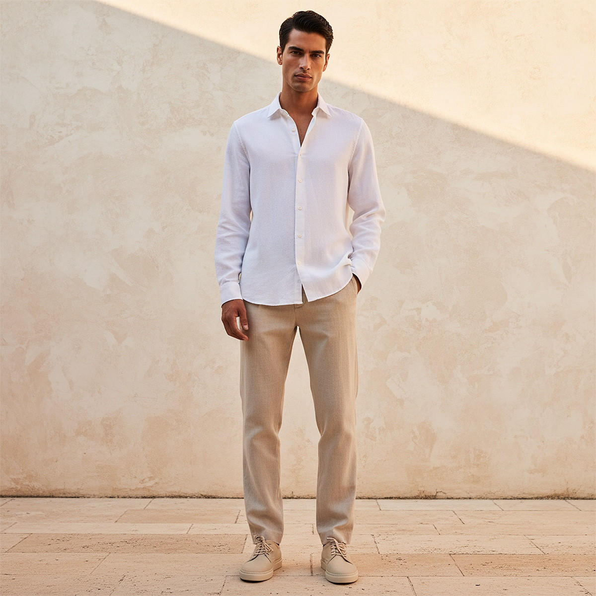 قميص مزيج الكتان بقصة عادية وياقة وملمس بارز وأكمام طويلة من سبلاش بيسك-men-clothing-shirts-image-3