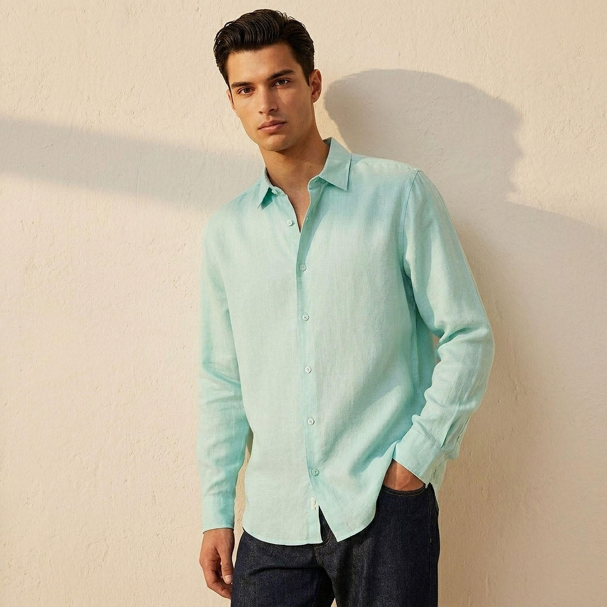 Splash Basic Regular Fit Collared Textured Long Sleeves Linen Blend Shirt-men-clothing-shirts-image-1