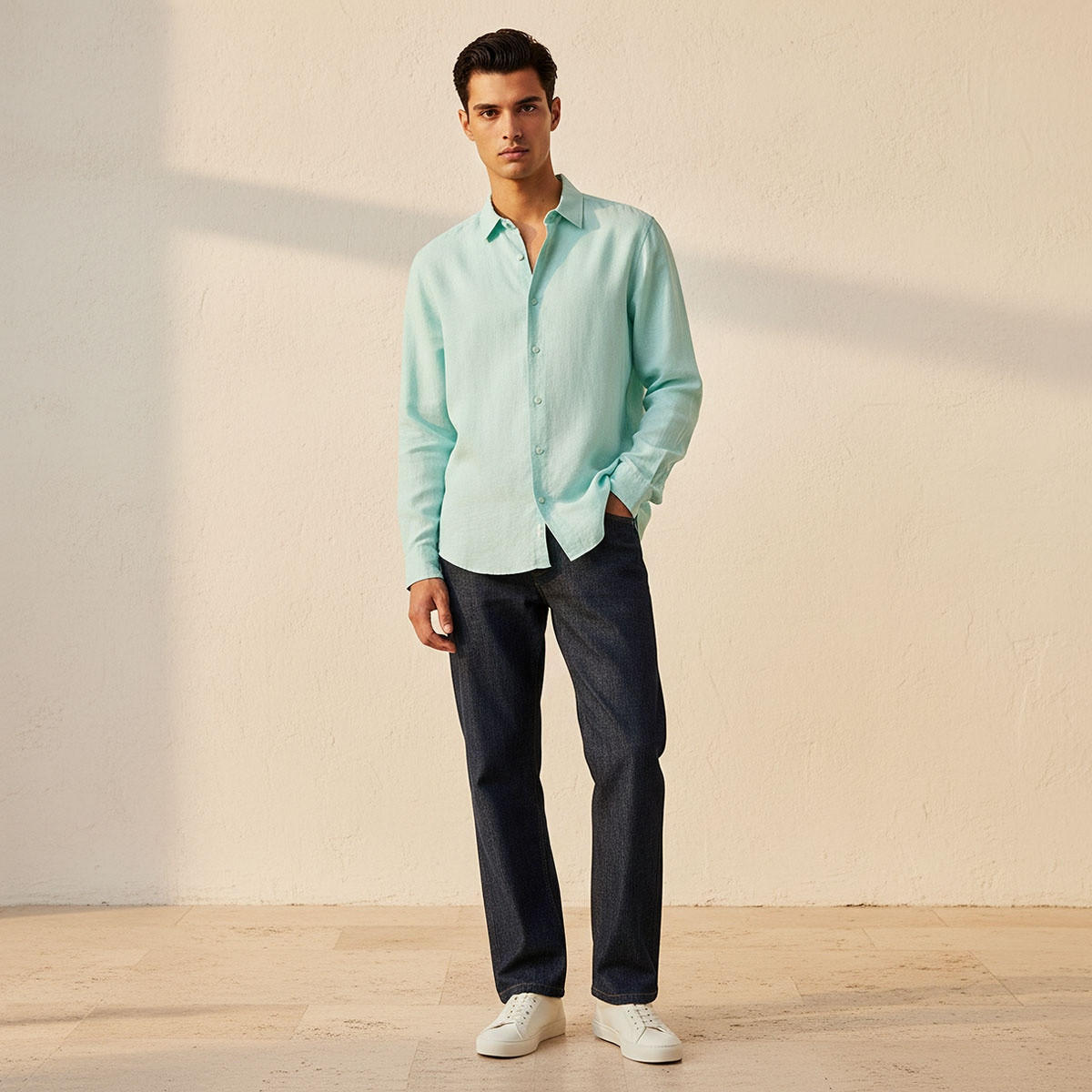 Splash Basic Regular Fit Collared Textured Long Sleeves Linen Blend Shirt-men-clothing-shirts-image-3